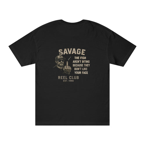 Men's fishing tee featuring a colorful "Savage Reel Club" graphic print on a comfortable T-shirt by Printify.