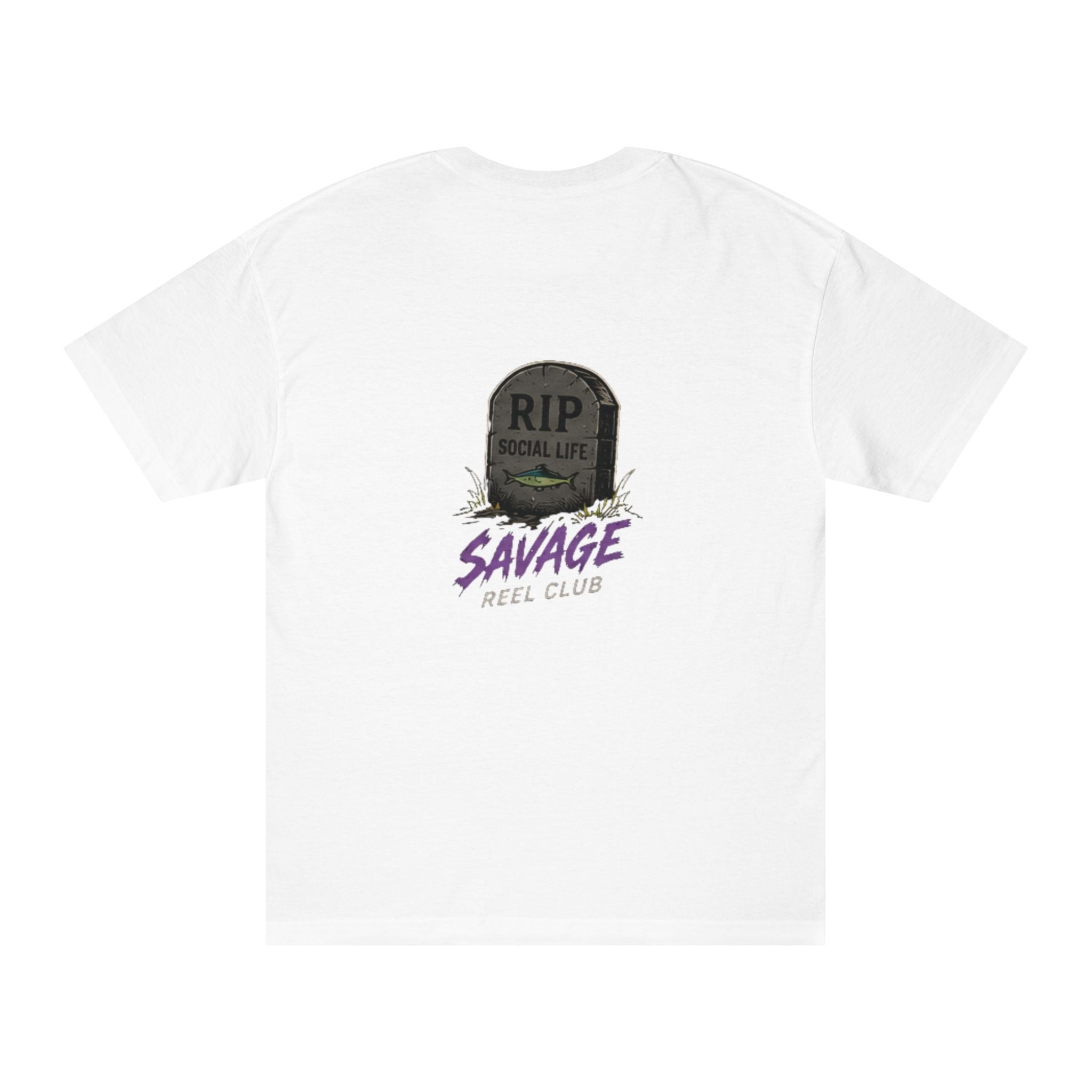 Printify Savage Reel Club Tee featuring a "RIP Social Life" graphic T-shirt with bold black print on a white fabric.