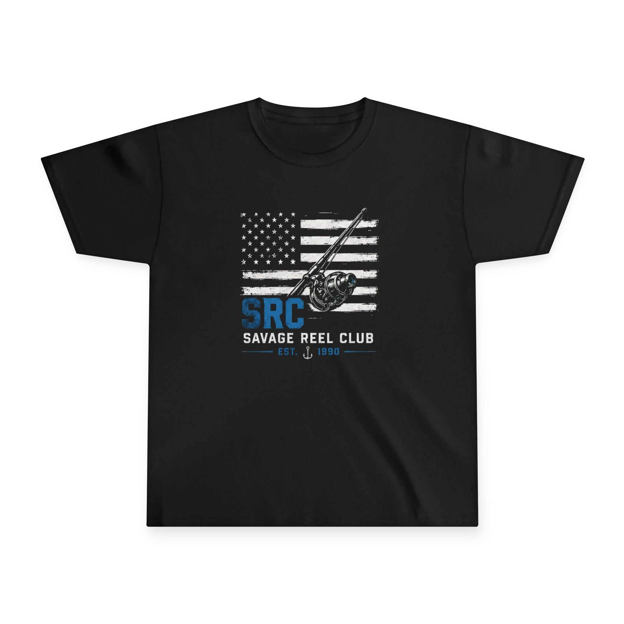 Kids' Savage Reel Club youth fishing shirt with American flag design, made by Printify, featuring a colorful fishing rod graphic.