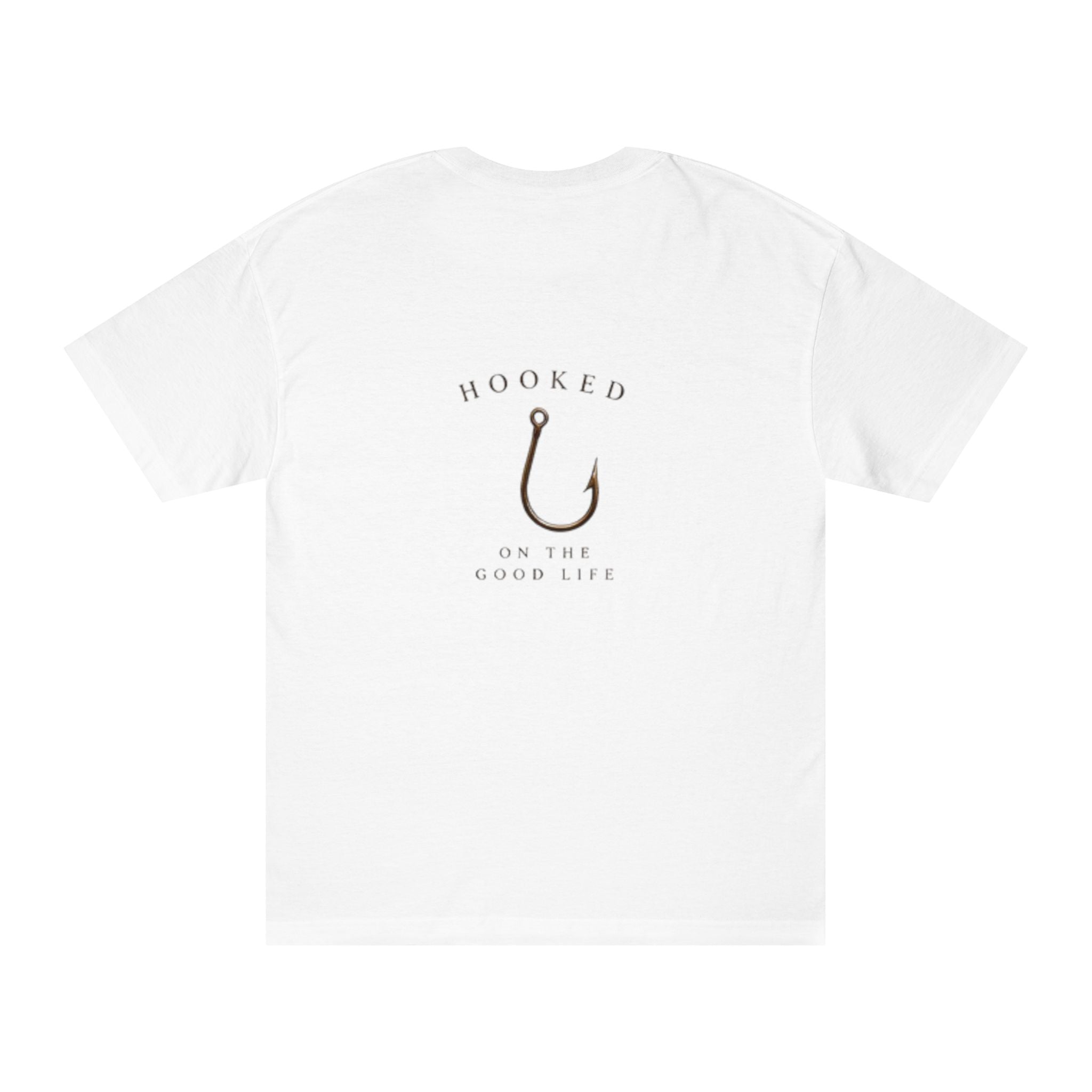 Fishing T-shirt with "Hooked on the Good Life" print, casual apparel by Printify, featuring a fishing-themed graphic on the front.