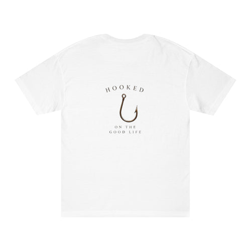 Fishing T-shirt with "Hooked on the Good Life" print, casual apparel by Printify, featuring a fishing-themed graphic on the front.
