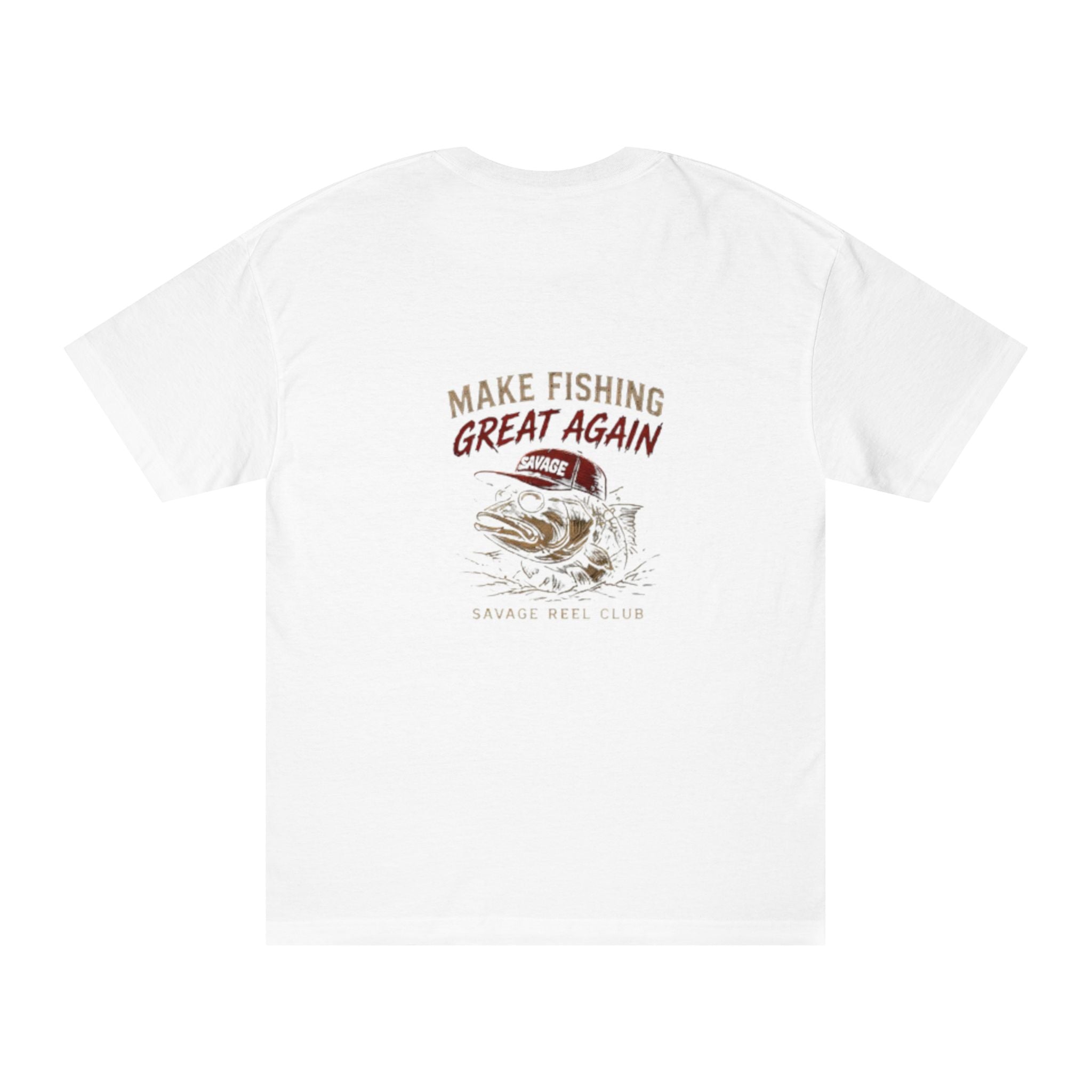 Vintage bass fishing T-shirt featuring the "Make Fishing Great Again" slogan, casual wear by Printify with a fishing theme.