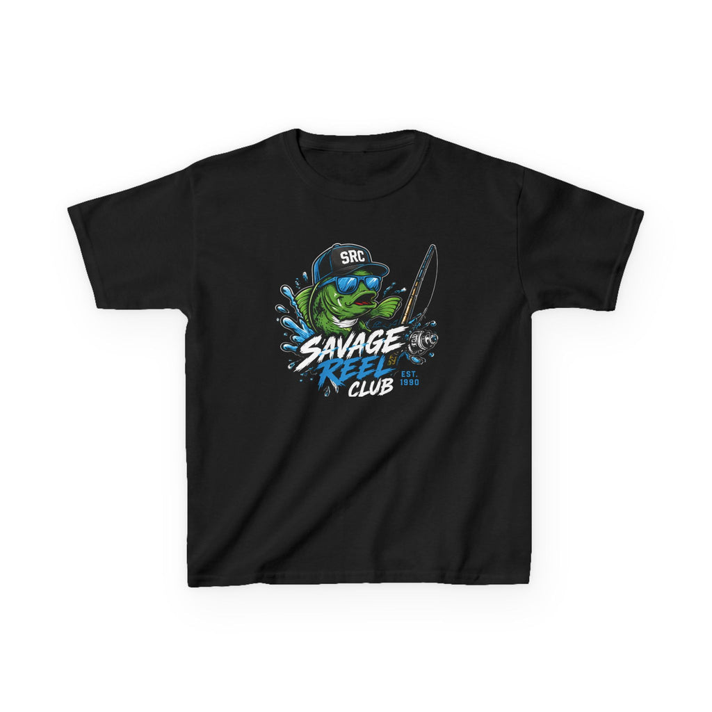 Kids' graphic T-shirt by Printify featuring a "Savage Reel Club" fishing design, casual kids clothes perfect for outdoor adventures.