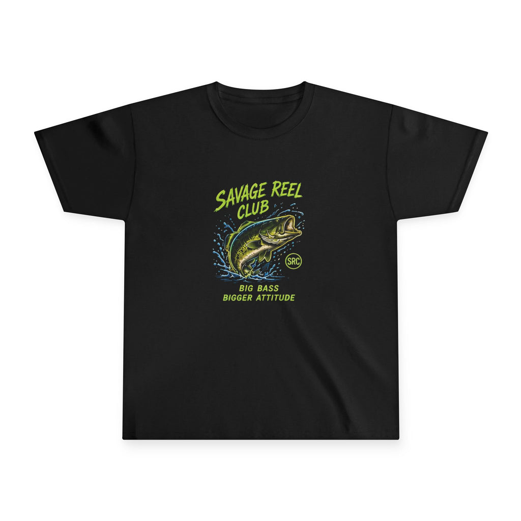 Kids youth tee featuring "Savage Reel Club" bass fishing graphic, comfortable kids' clothing by Printify.