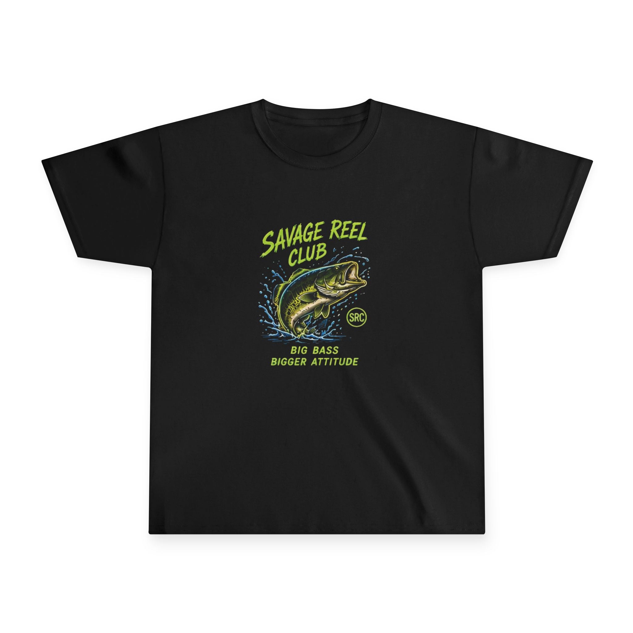 Kids youth tee featuring "Savage Reel Club" bass fishing graphic, comfortable kids' clothing by Printify.