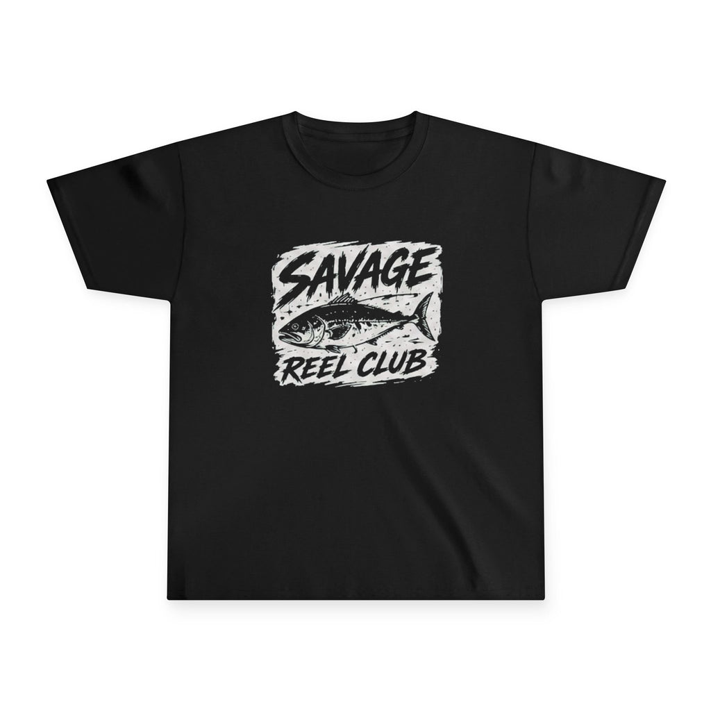 Printify Savage Reel Club youth fishing T-shirt for kids with colorful reel and fishing design on soft cotton fabric.