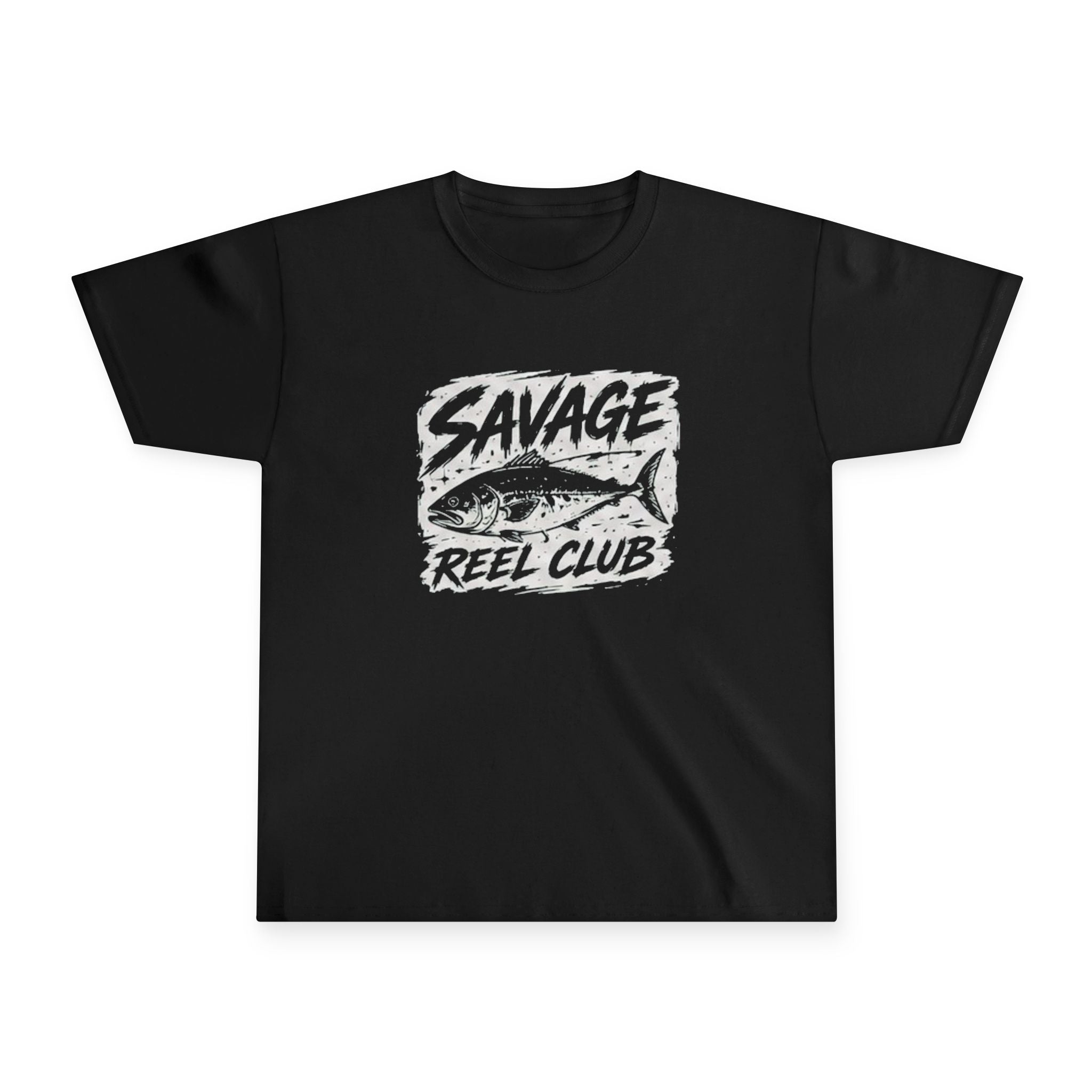 Printify Savage Reel Club youth fishing T-shirt for kids with colorful reel and fishing design on soft cotton fabric.