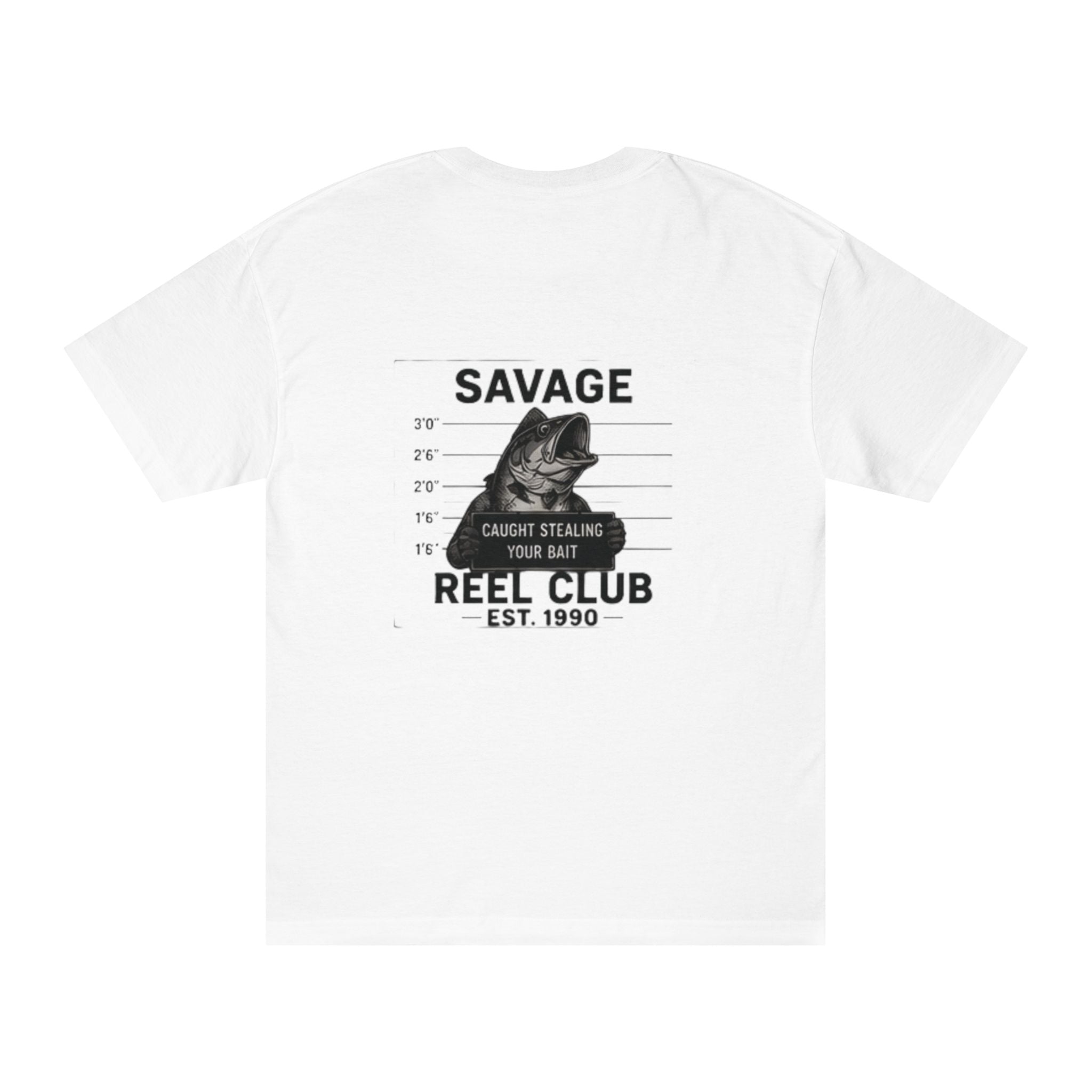 Black Savage Reel Club T-Shirt with "Caught Stealing Your Bait" fishing graphic, casual crewneck design, printed by Printify.