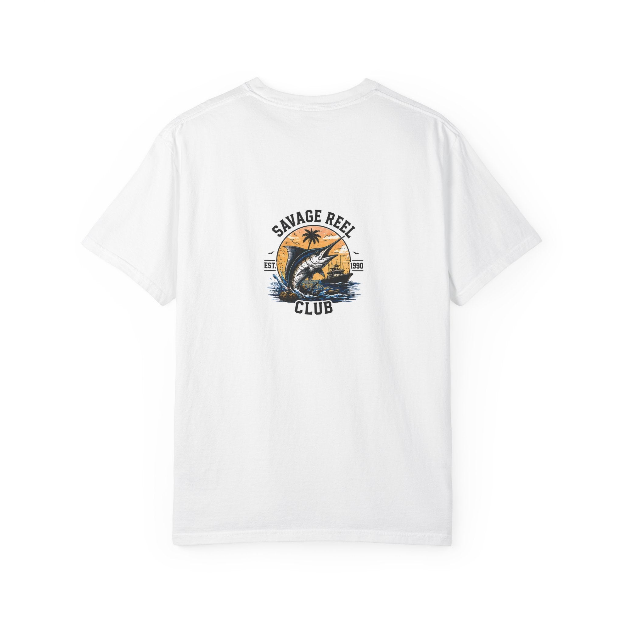 Printify Savage Reel Club fishing T-shirt featuring a retro marlin and sunset graphic on a casual cotton tee.