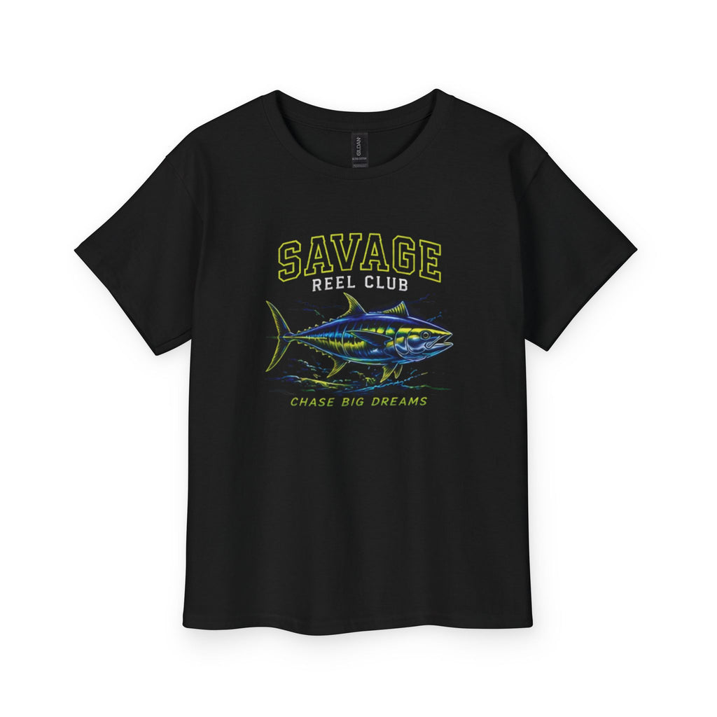 Kids' Savage Reel Club Tuna Fishing Tee Shirt by Printify, featuring a colorful fishing reel design on a kids' t-shirt.