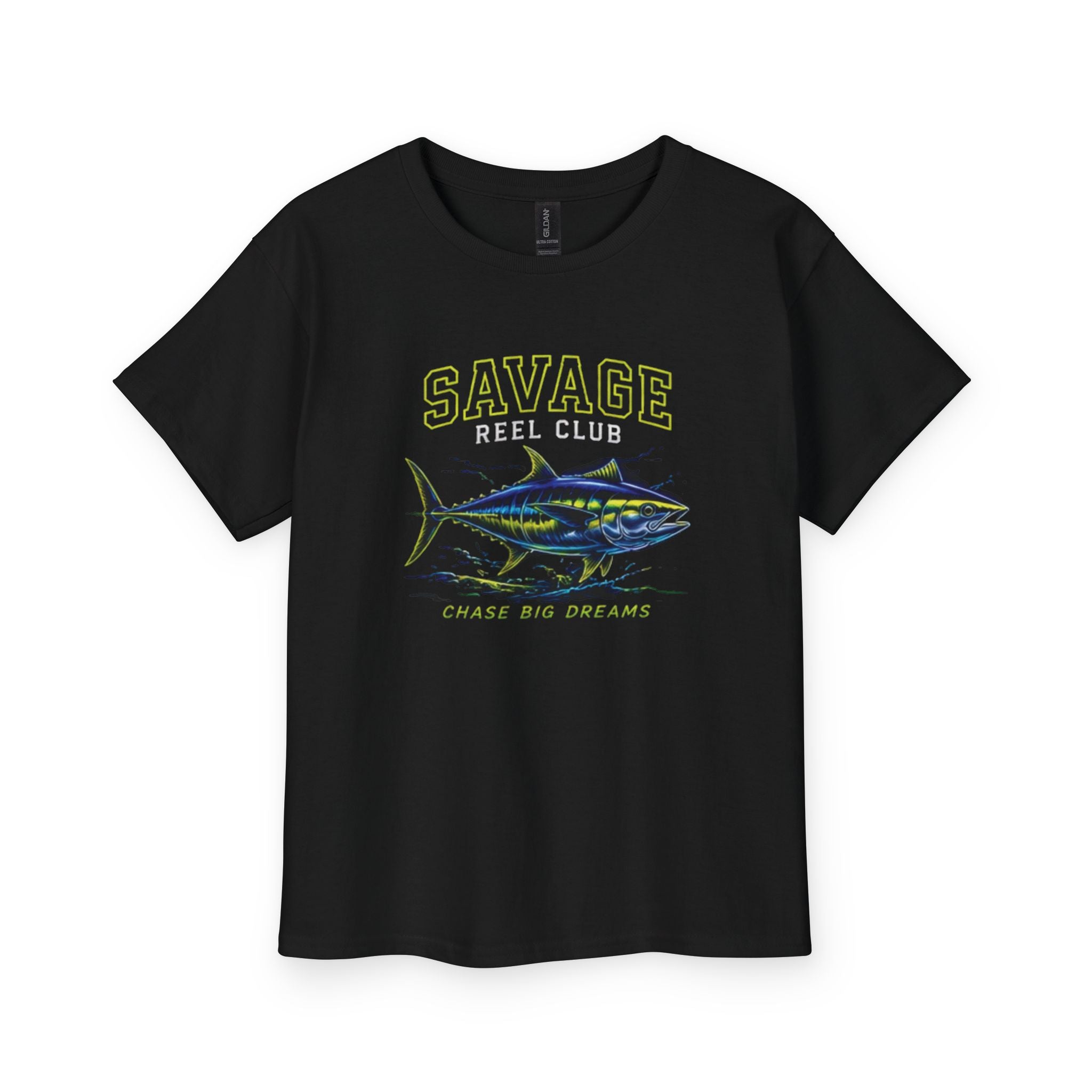 Kids' Savage Reel Club Tuna Fishing Tee Shirt by Printify, featuring a colorful fishing reel design on a kids' t-shirt.