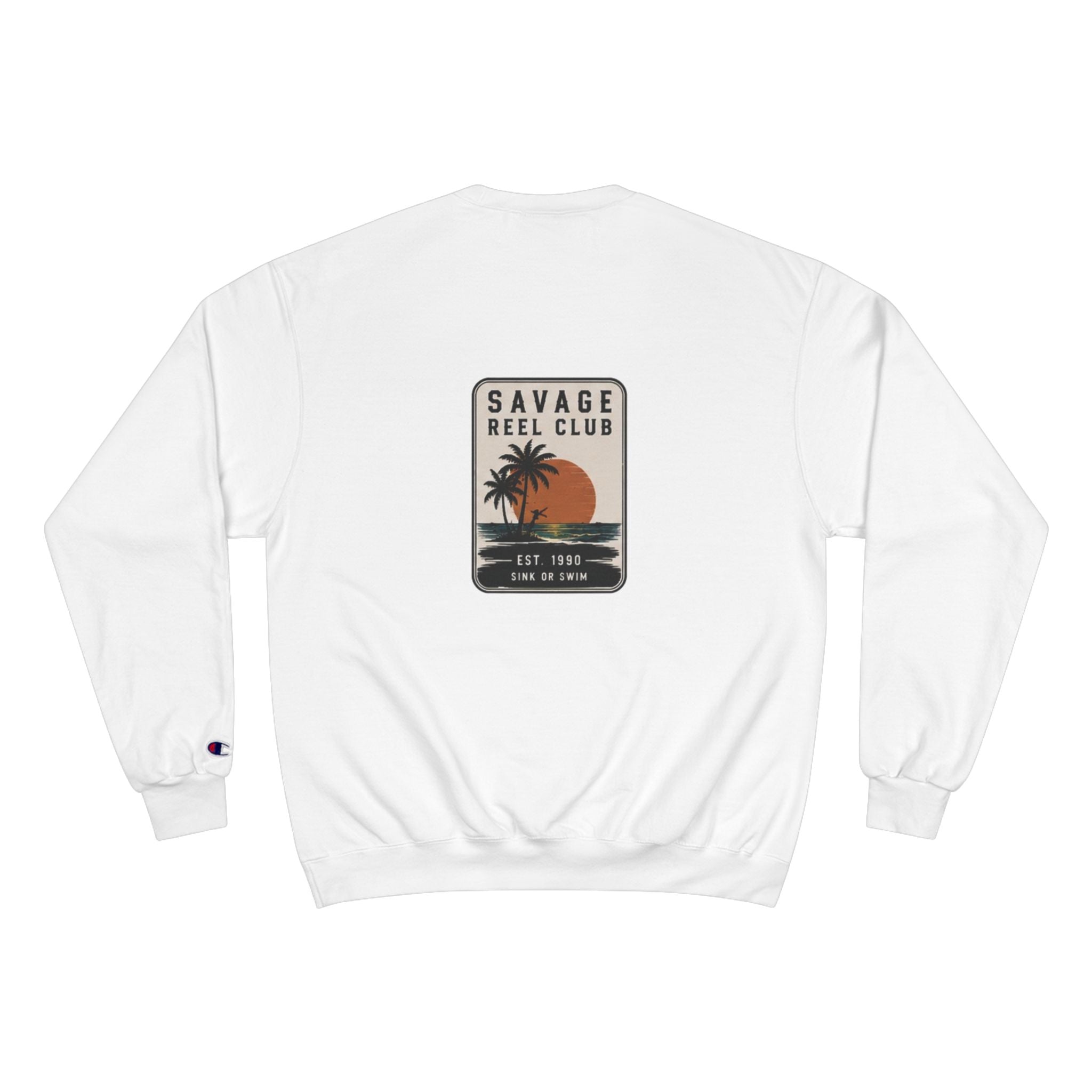 Vintage Savage Reel Club fishing sweatshirt with retro palm sunset design, champion brand crewneck, printed by Printify.