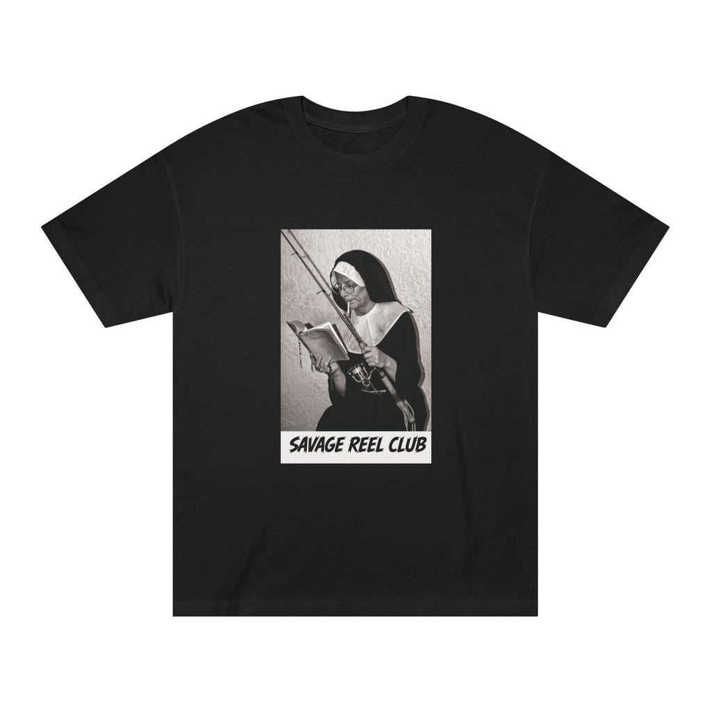 Printify Savage Reel Club T-Shirt featuring nun and rod graphic on soft cotton fabric, casual fit, black color.