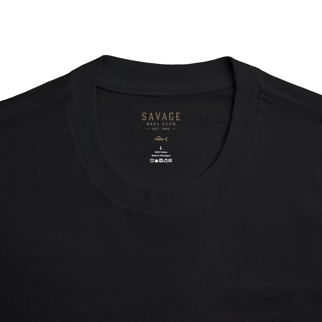 Black fishing T-shirt featuring a savage skeleton graphic, branded by Printify, with a casual fit and detailed skeletal design.