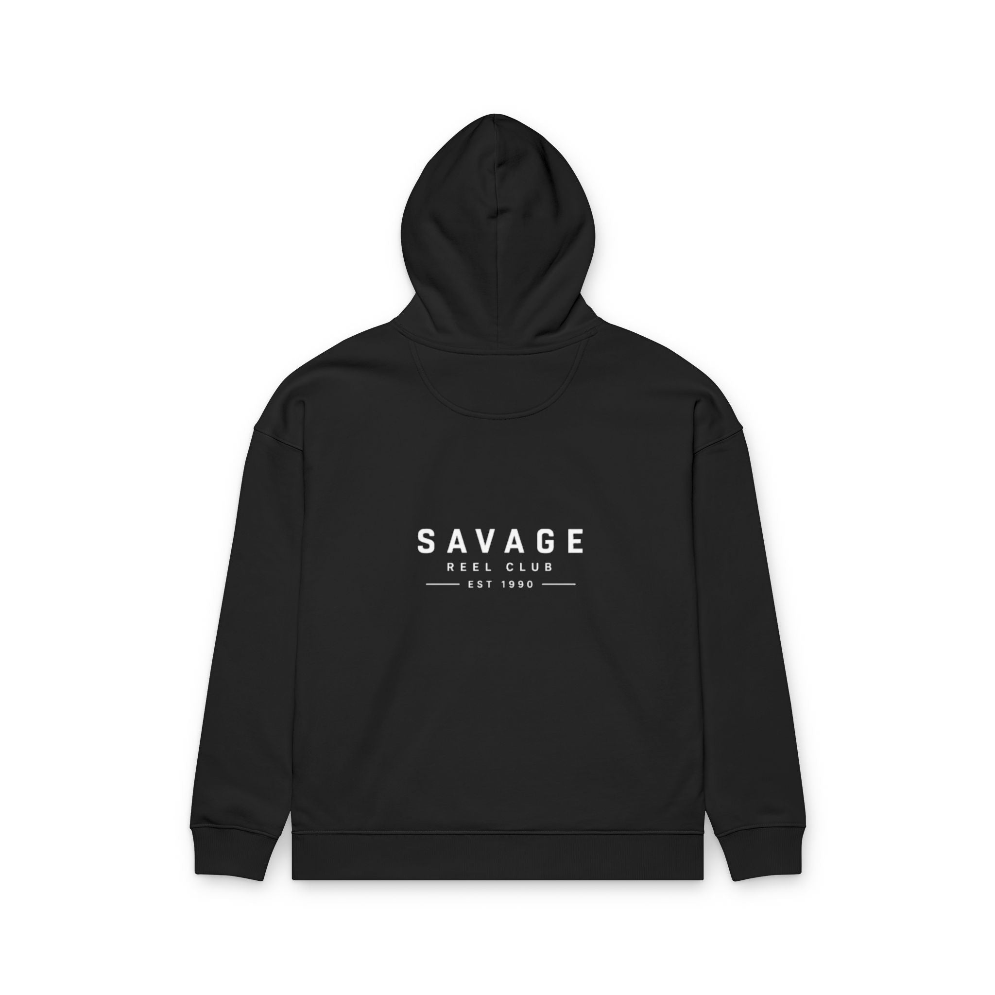 Printify Savage Reel Club hoodie showcasing a minimal fishing design on a comfortable pullover hoodie.