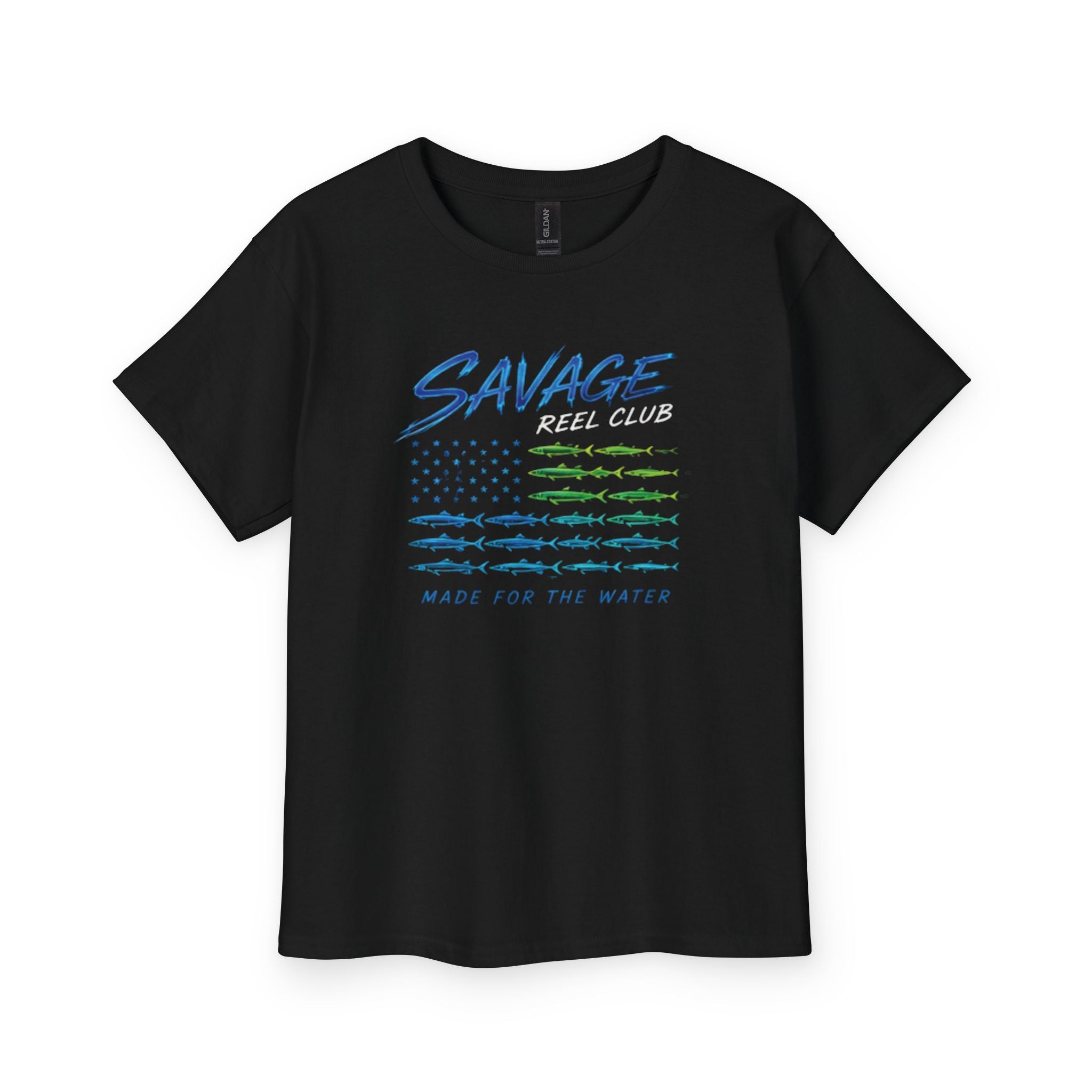 Kids' Savage Reel Club Youth fishing flag T-shirt by Printify, featuring a water-themed design and comfortable kids' clothing fit.