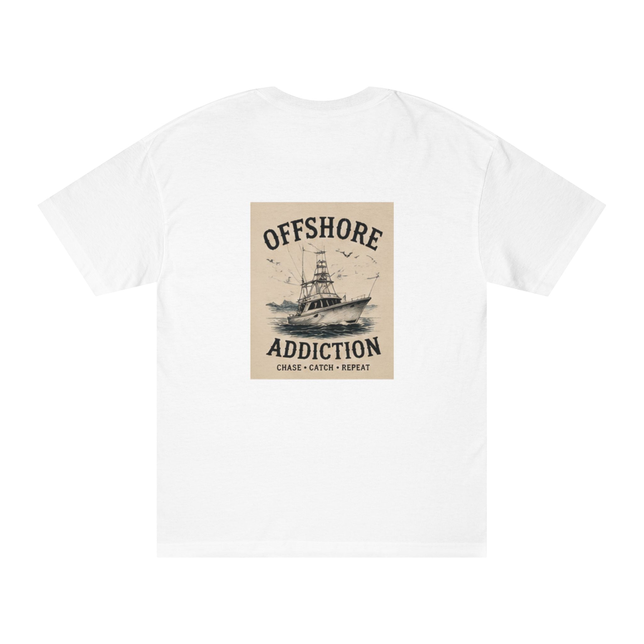 Offshore Addiction Vintage Boat fishing T-shirt by Printify showing a nautical-themed design on a casual cotton tee.