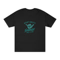 Savage Reel Club "Stay Salty" fishing graphic T-shirt with Shaka design, casual crew neck shirt for fishing enthusiasts.