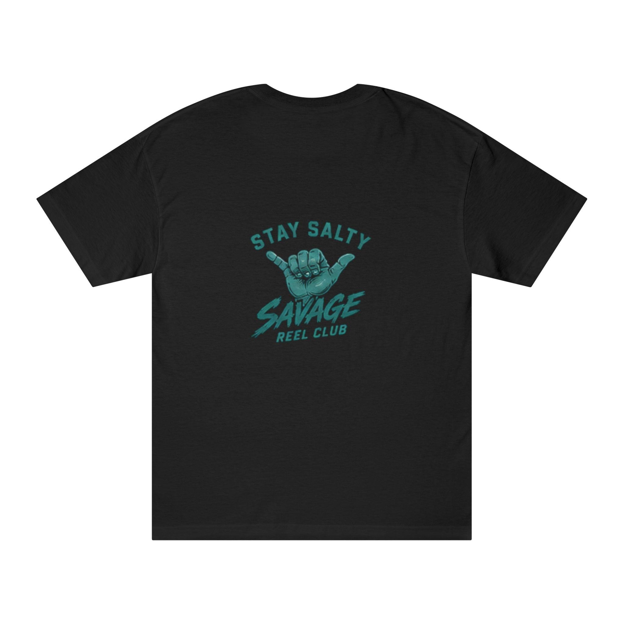 Savage Reel Club "Stay Salty" fishing graphic T-shirt with Shaka design, casual crew neck shirt for fishing enthusiasts.