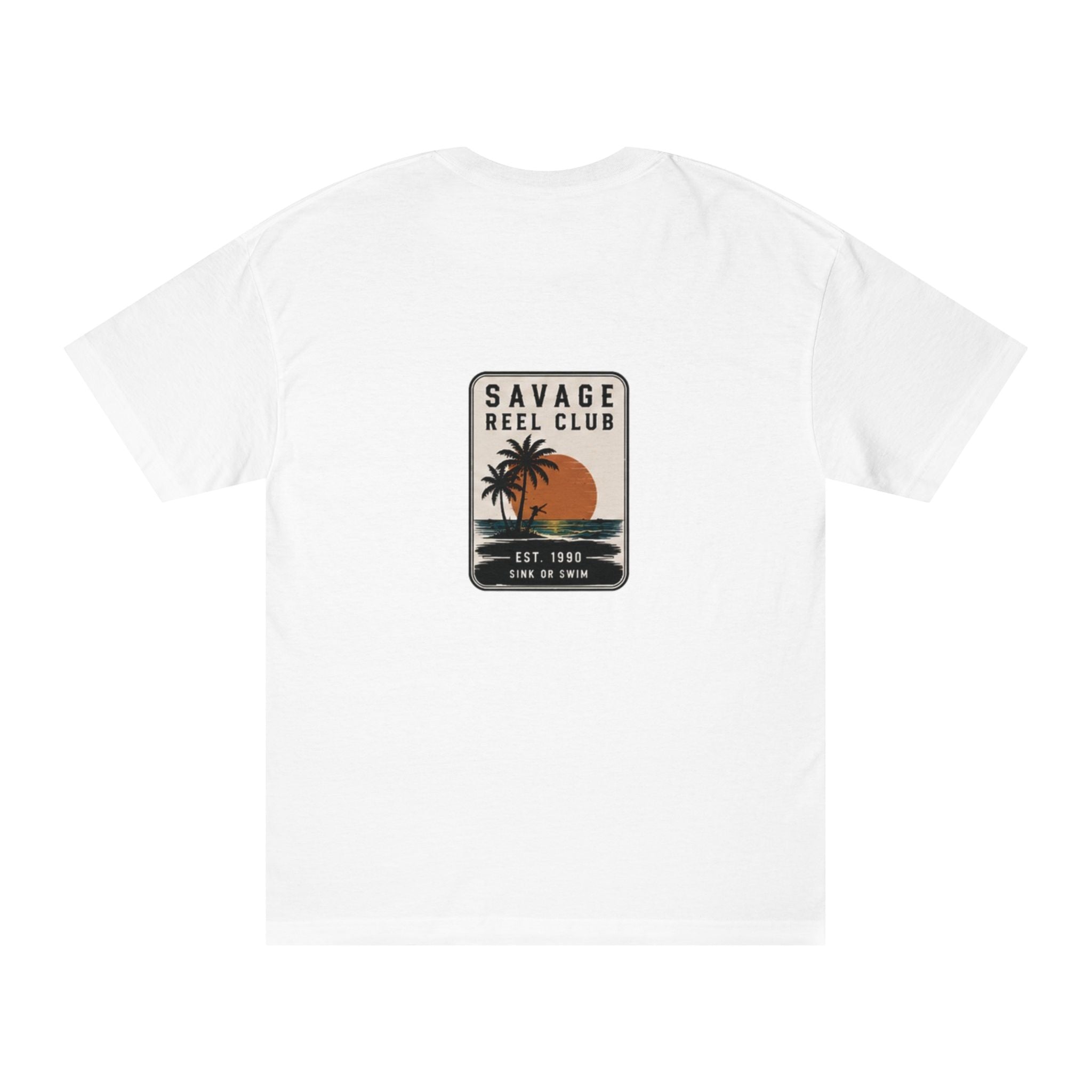 Printify Savage Reel Club vintage sunset fishing T-shirt featuring a colorful sunset and reel graphic on a casual cotton tee.