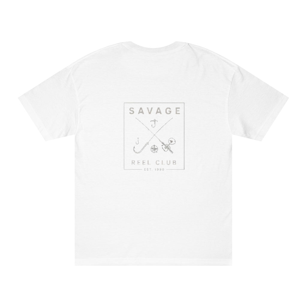 Black Savage Reel Club fishing T-shirt by Printify featuring a back-print design and casual fit.