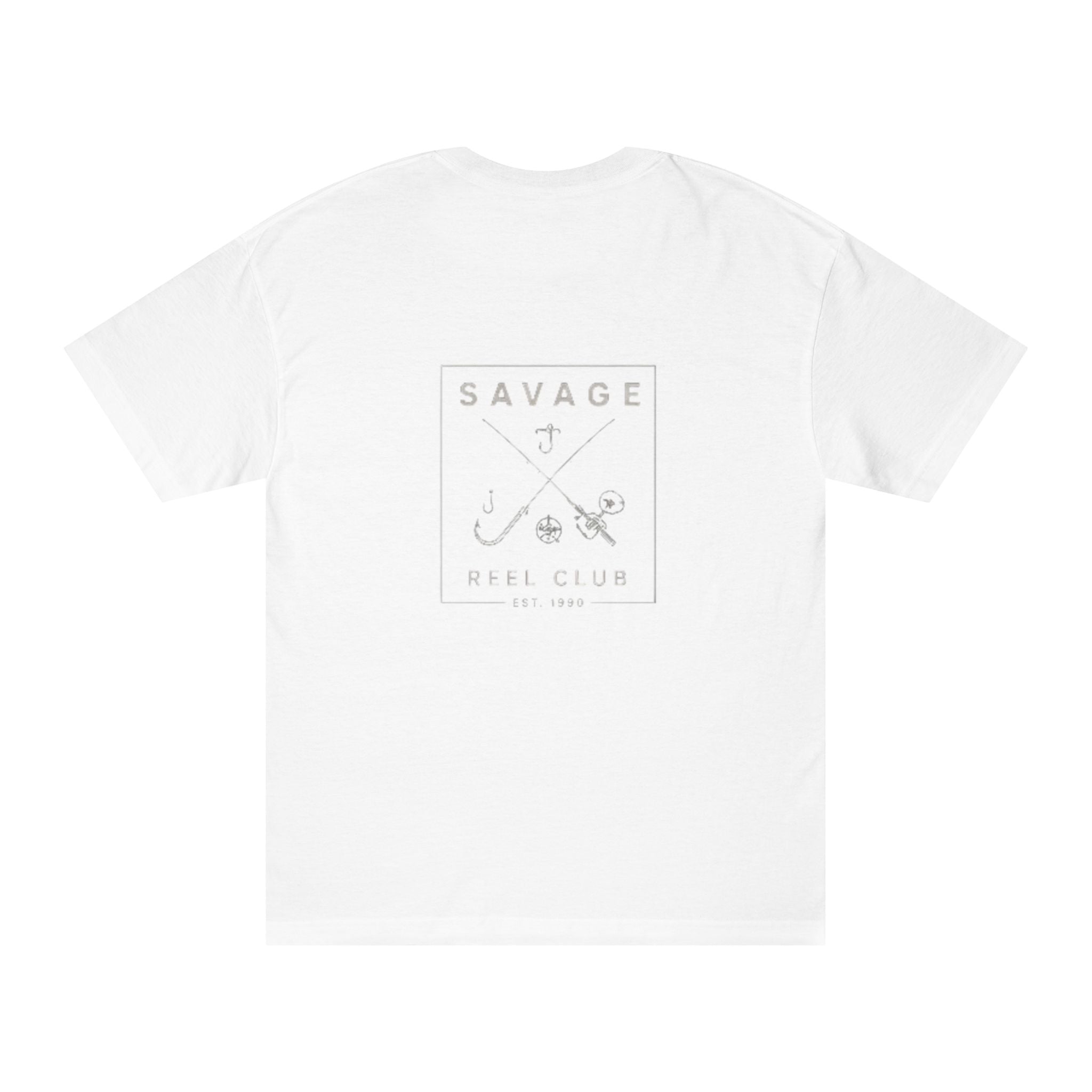 Black Savage Reel Club fishing T-shirt by Printify featuring a back-print design and casual fit.