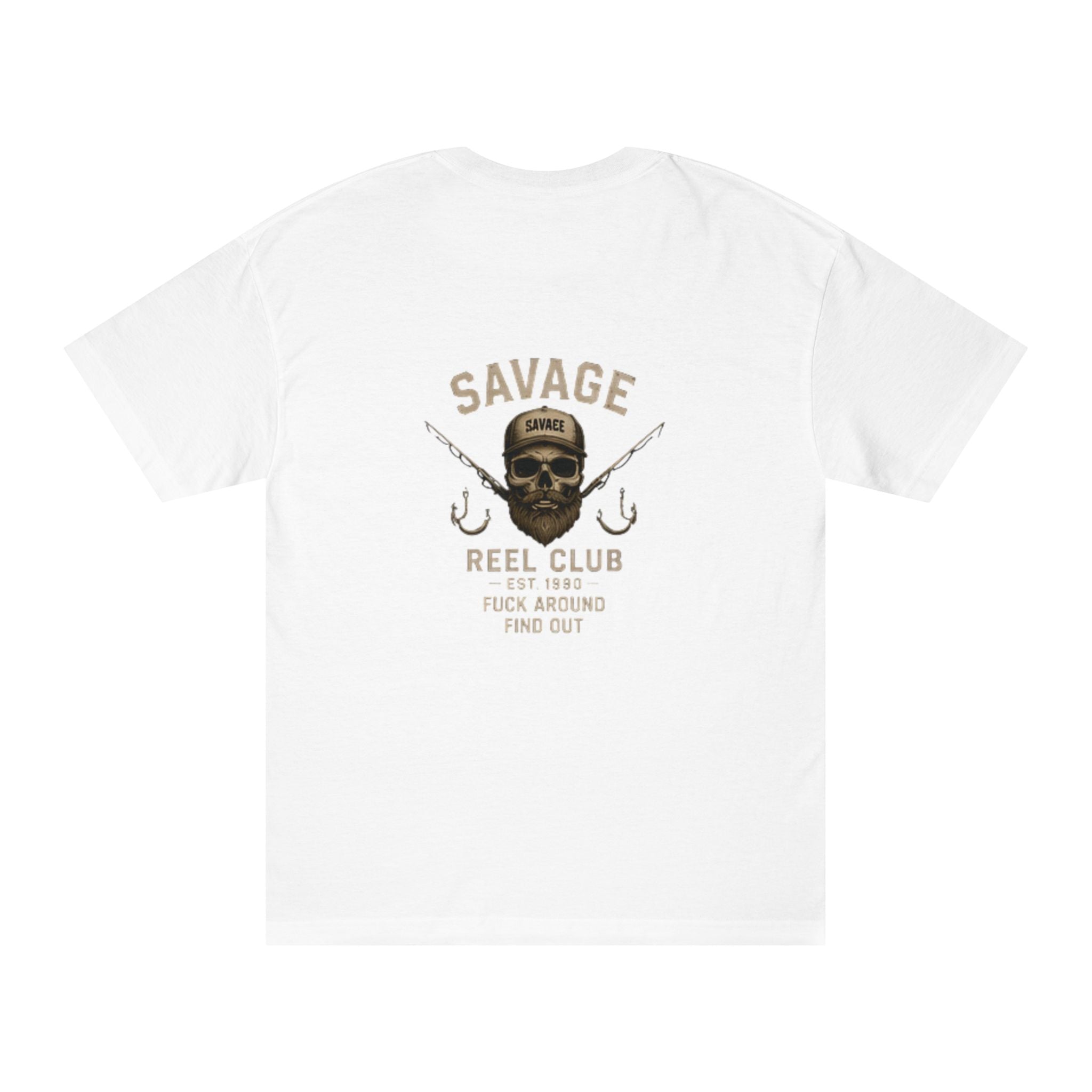 Printify Savage Reel Club fishing T-shirt with "Reel Club: Fuck Around Find Out" graphic design on front.