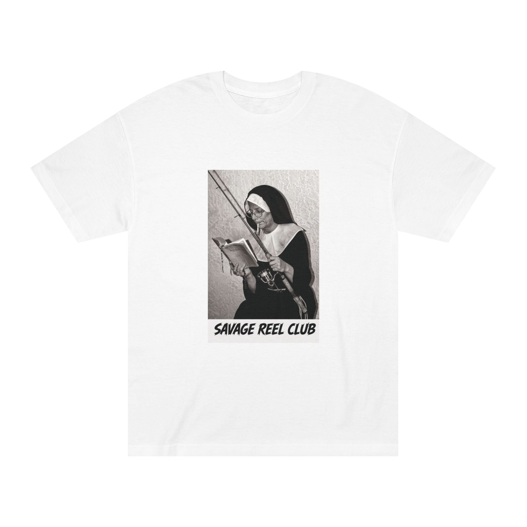 Printify Savage Reel Club T-Shirt featuring a nun and rod design, casual fit, and soft fabric, perfect for everyday wear.