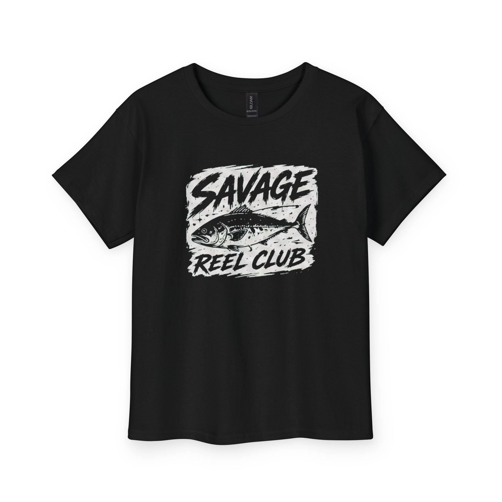 Kids fishing shirt from Savage Reel Club Youth Tee by Printify, featuring a colorful design for young fishing enthusiasts.