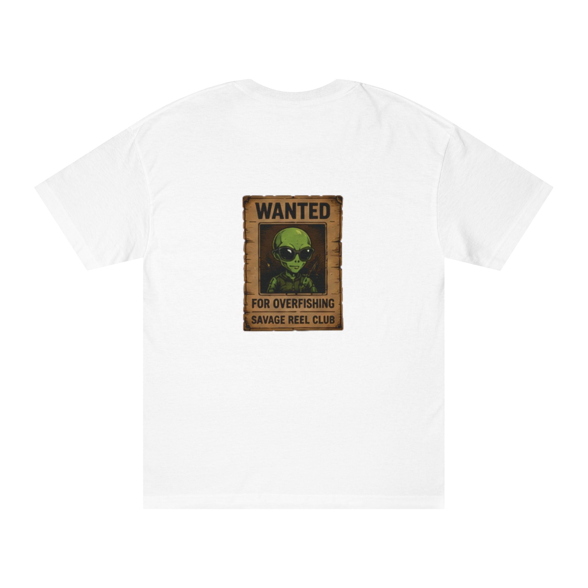 Black T-shirt featuring a "Wanted for Overfishing" alien fishing poster design, printed by Printify.