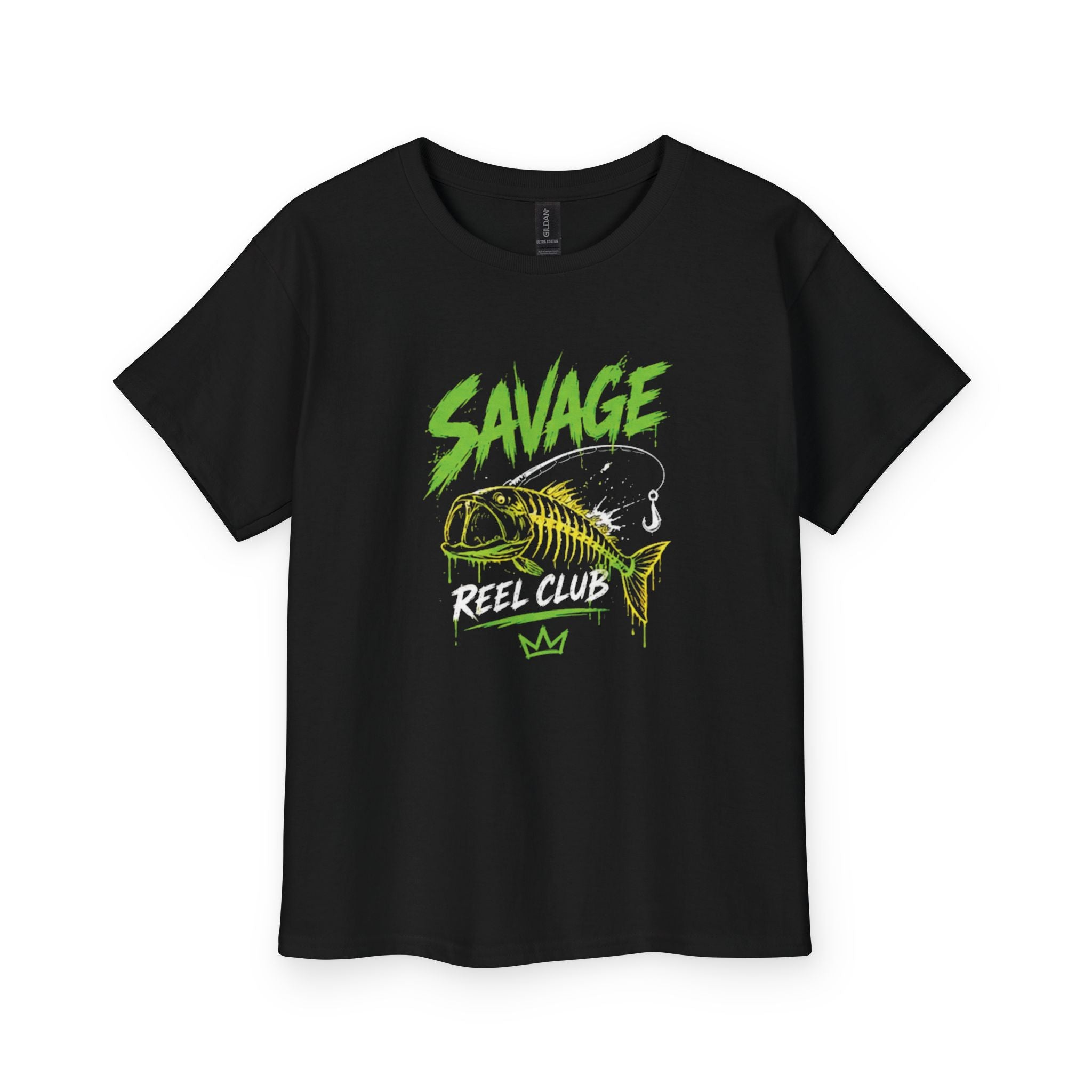 Printify Savage Reel Club youth fishing tee for kids, featuring colorful reel and fishing rod graphic on soft cotton shirt.