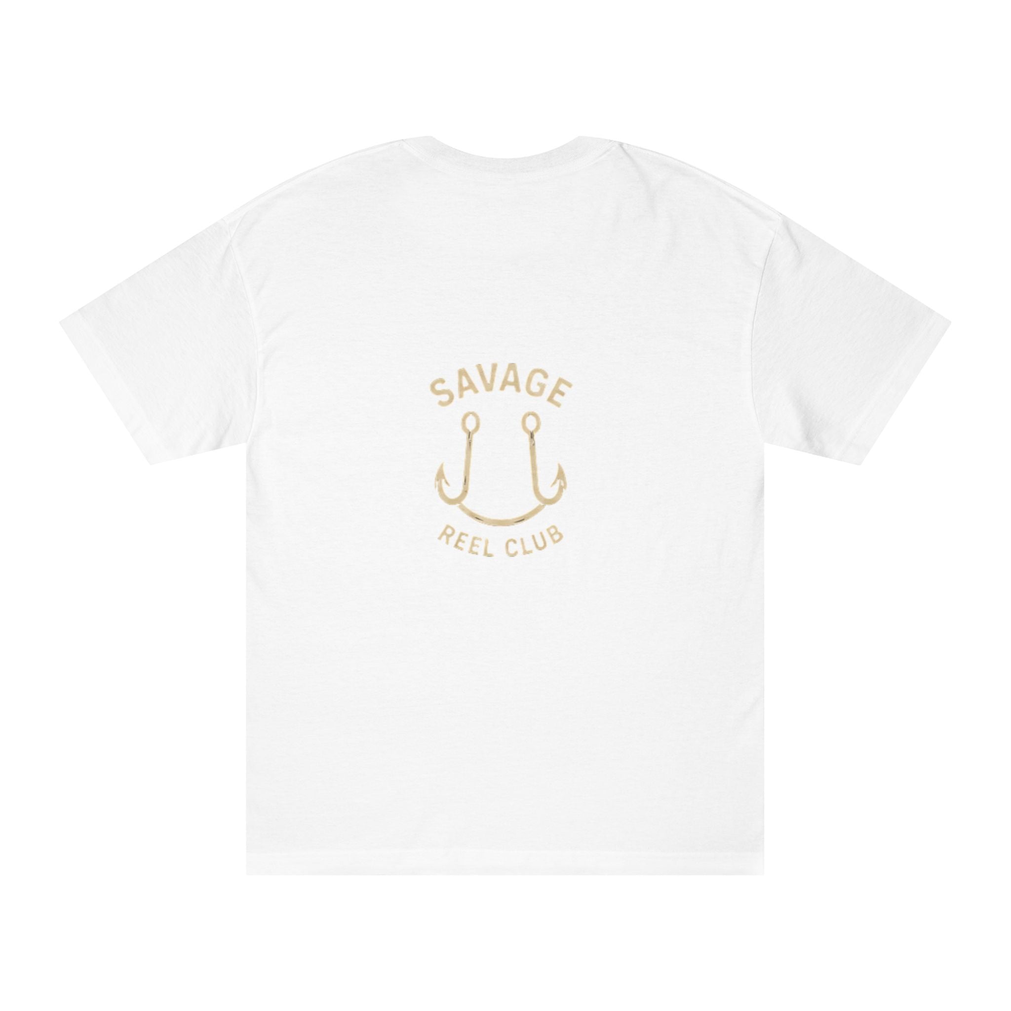 Printify Savage Reel Club fishing T-shirt featuring anchor hook graphic, casual cotton tee for anglers and fishing enthusiasts.