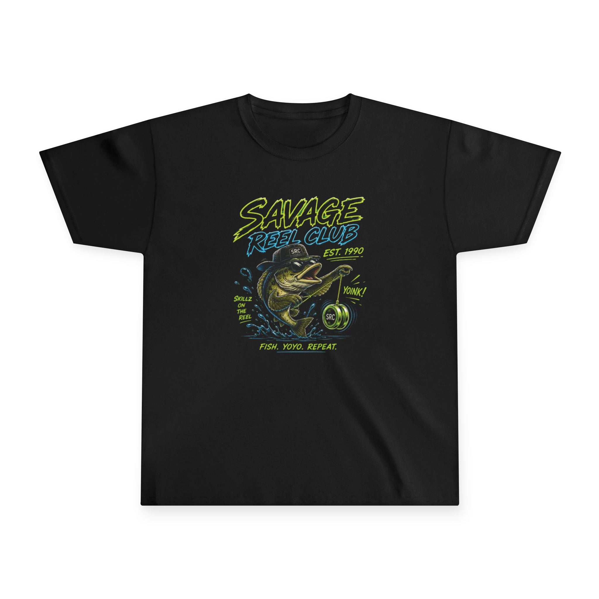Kids' youth fishing T-shirt featuring "Savage Reel Club" bass graphic, made by Printify, casual kids' fishing apparel.