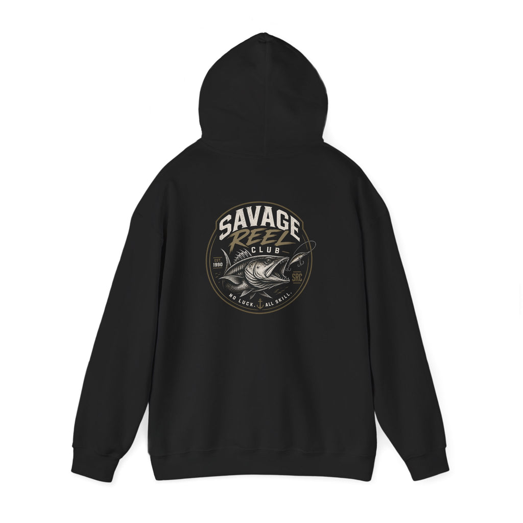 Printify Savage Reels Club hoodie featuring a fishing graphic on a comfortable pullover hoodie.