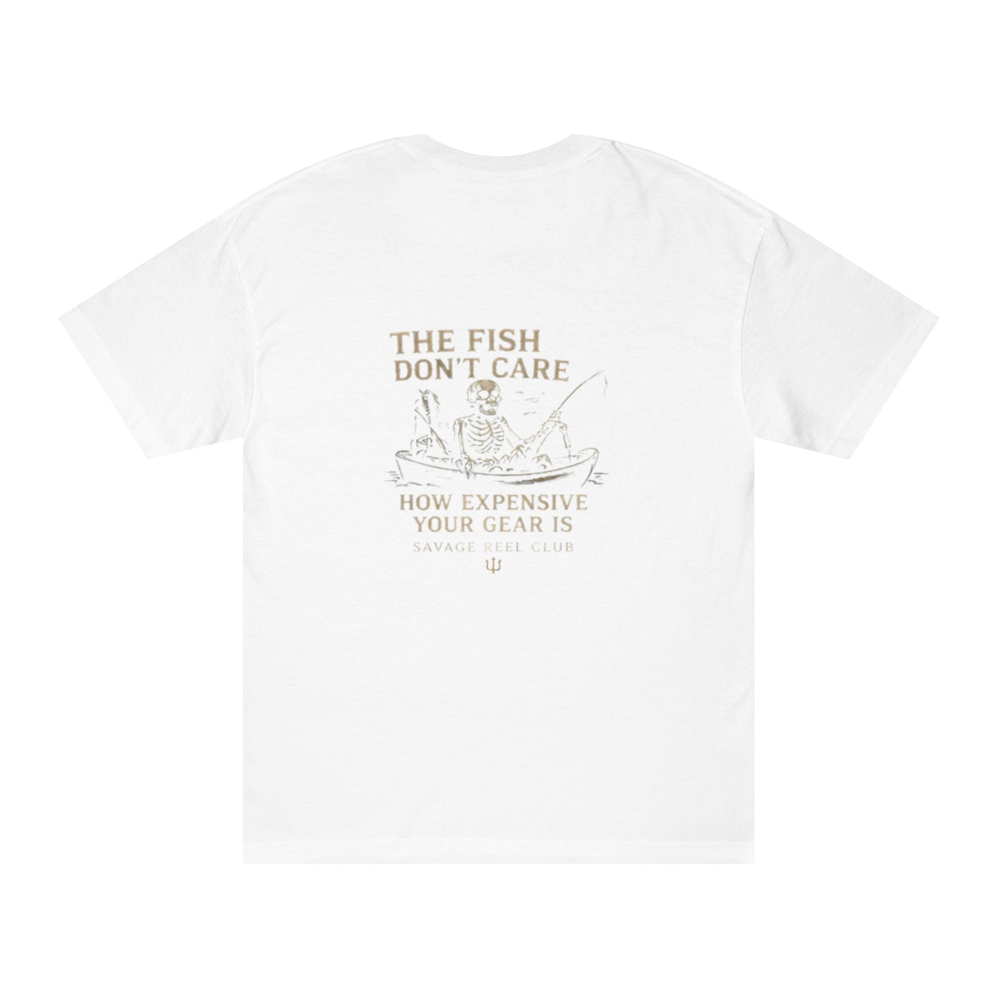 Men's fishing T-shirt with "The Fish Don’t Care" print, casual cotton tee by Printify featuring aquatic-themed design.
