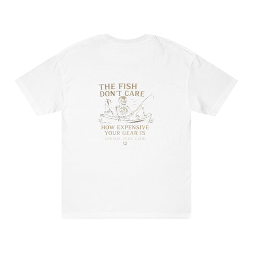 Men's fishing T-shirt with "The Fish Don’t Care" print, casual cotton tee by Printify featuring aquatic-themed design.