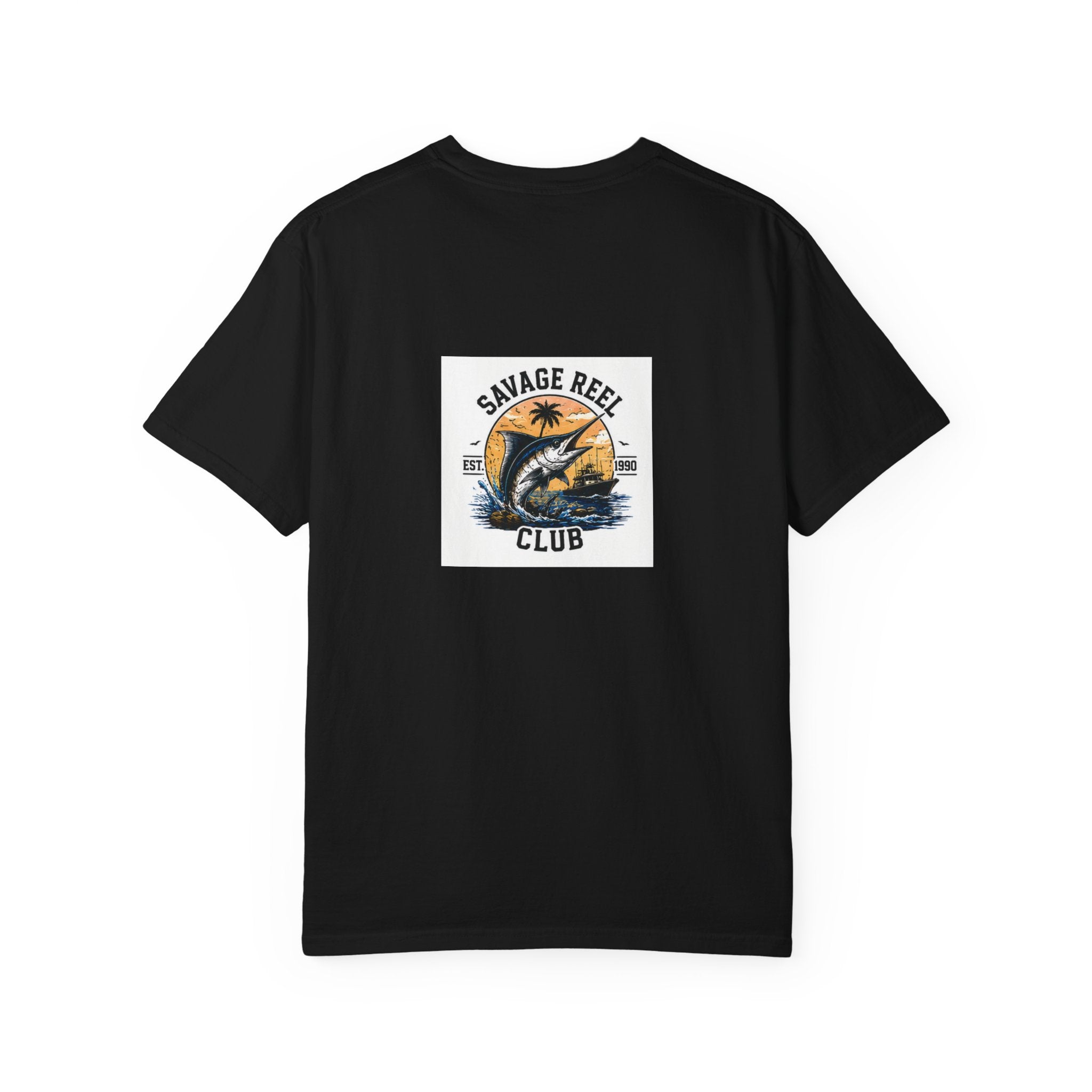 Printify Savage Reel Club fishing T-shirt featuring a retro marlin and sunset graphic on a casual T-shirt.