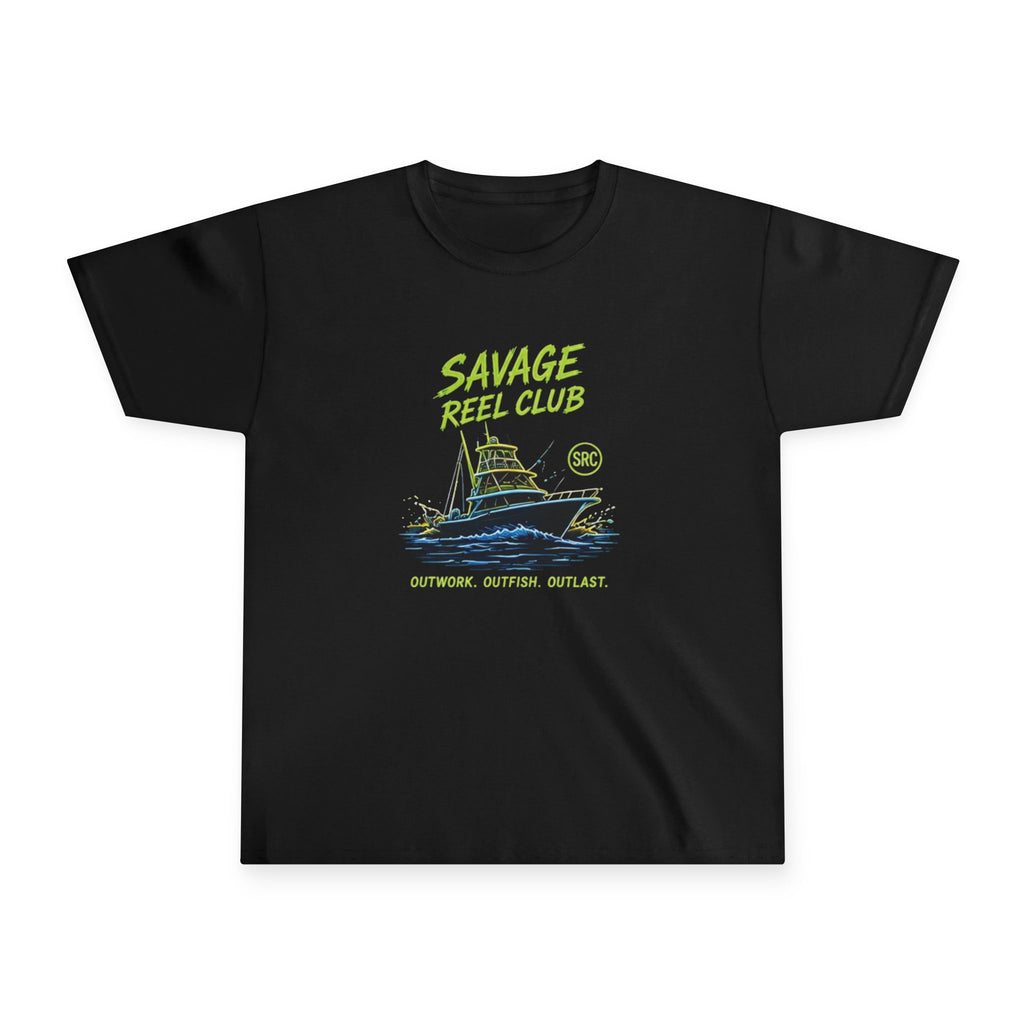 Kids youth tee featuring "Savage Reel Club" fishing boat graphic, casual kids' clothing by Printify.