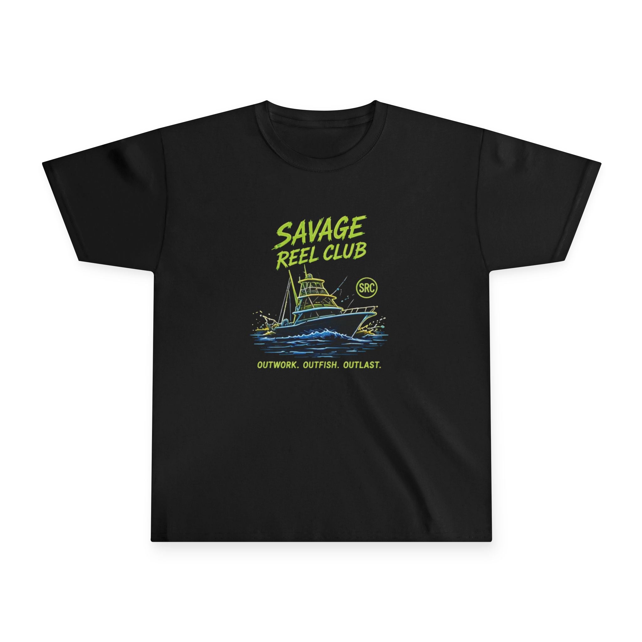 Kids youth tee featuring "Savage Reel Club" fishing boat graphic, casual kids' clothing by Printify.