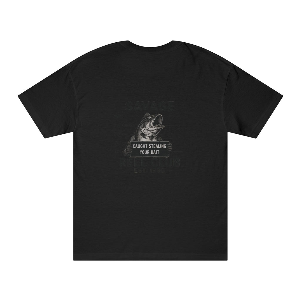Black Savage Reel Club T-Shirt featuring a fishing-themed design with the phrase "Caught Stealing Your Bait" printed on front.