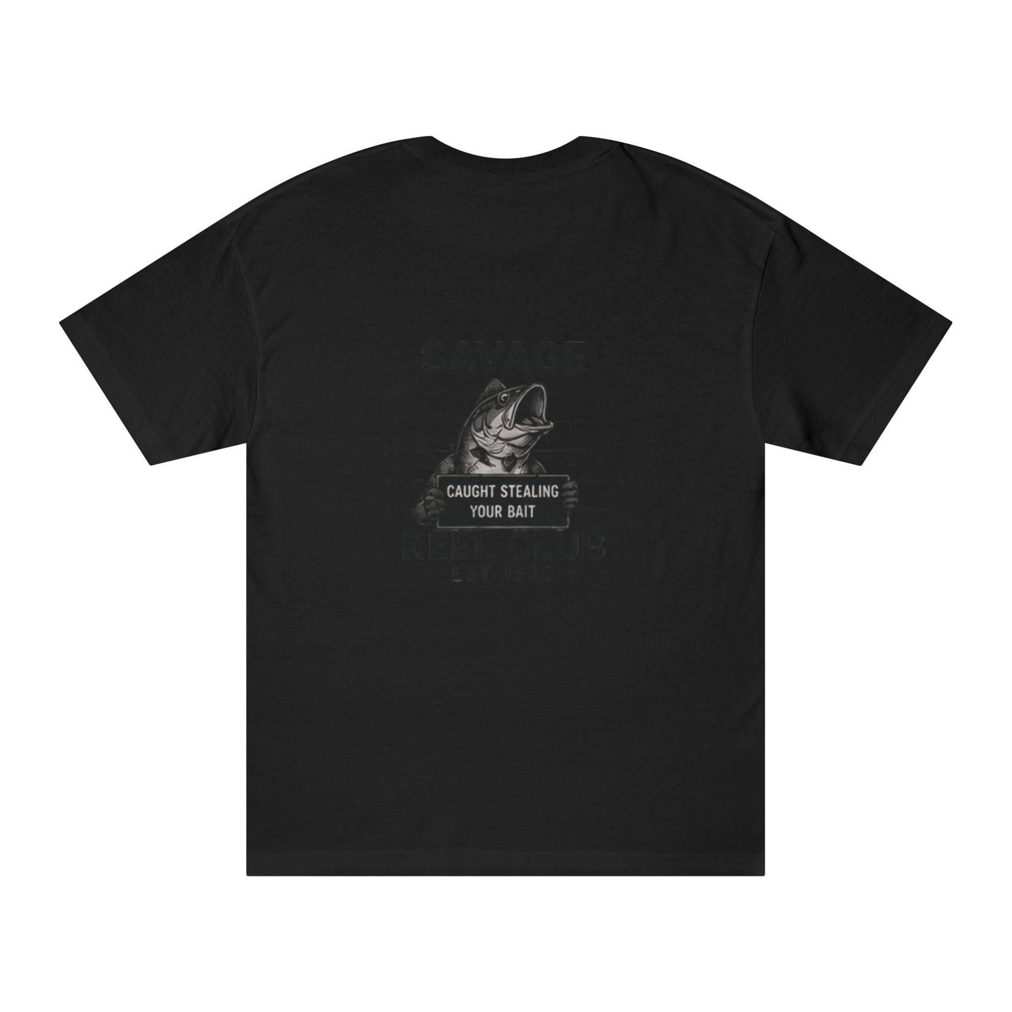 Black Savage Reel Club T-Shirt featuring a fishing-themed design with the phrase "Caught Stealing Your Bait" printed on front.