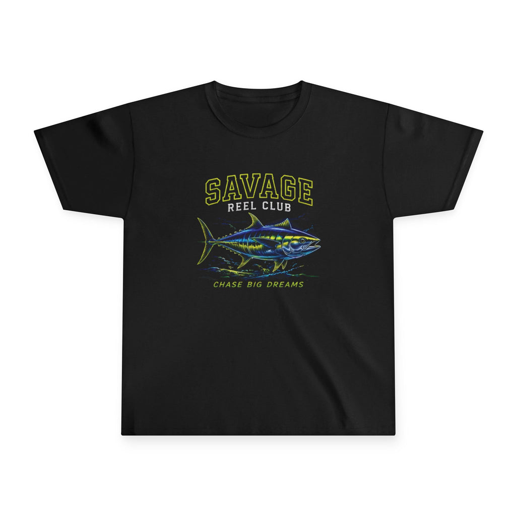 Kids' youth Savage Reel Club Tuna fishing tee shirt by Printify, featuring a colorful fishing reel design on soft cotton fabric.
