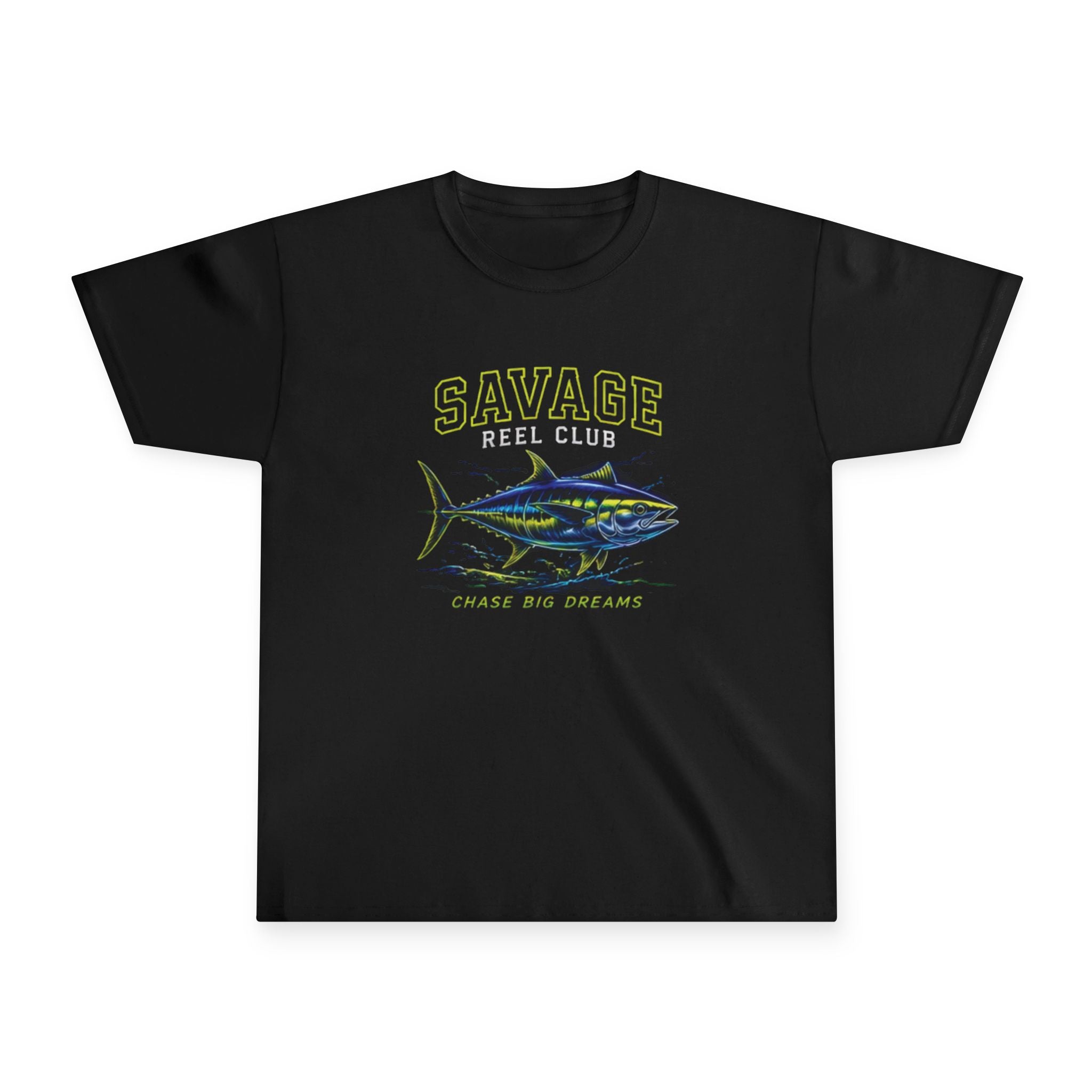 Kids' youth Savage Reel Club Tuna fishing tee shirt by Printify, featuring a colorful fishing reel design on soft cotton fabric.