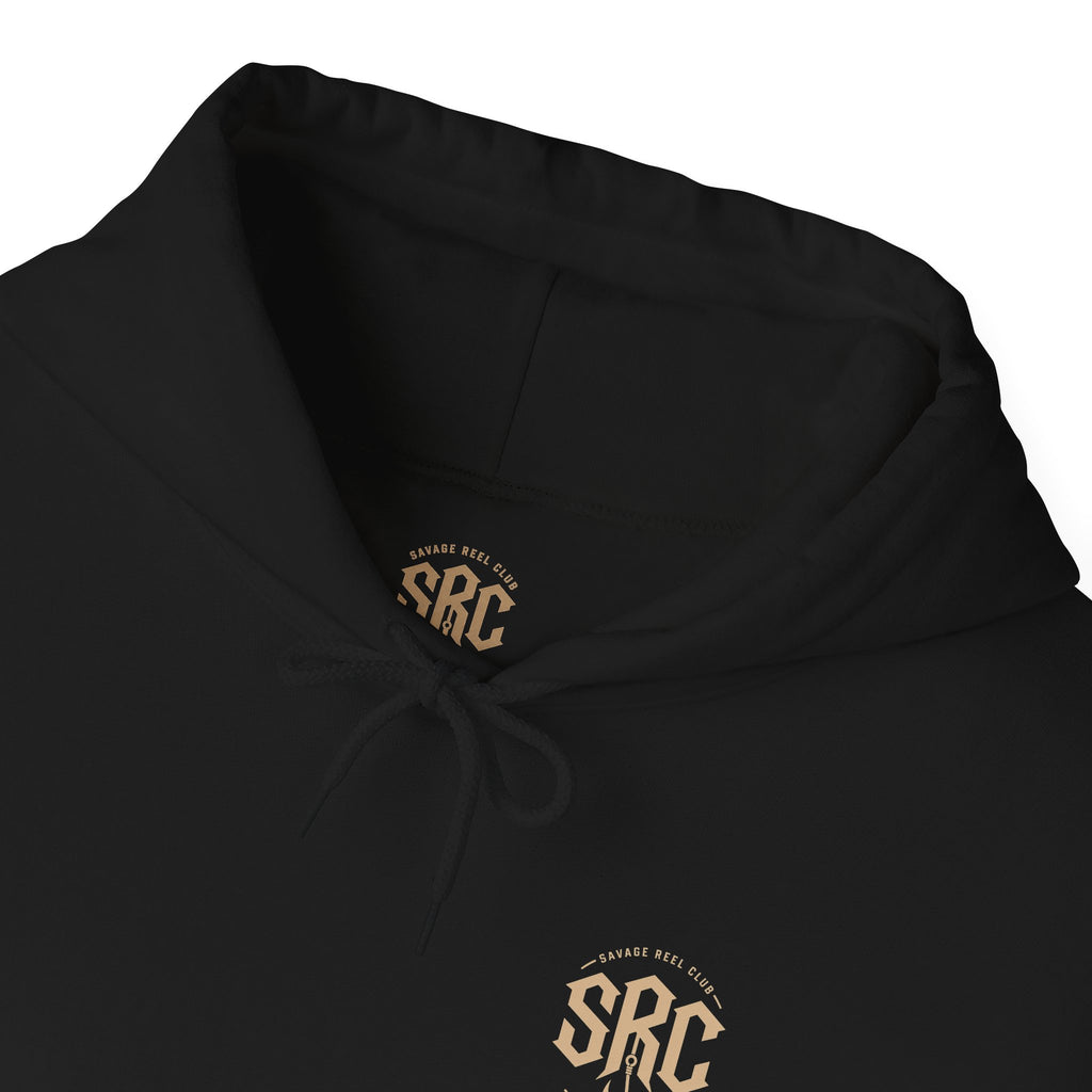 Printify Savage Reels Club hoodie with fishing graphic, soft pullover sweatshirt featuring vibrant fishing design and comfortable fit.