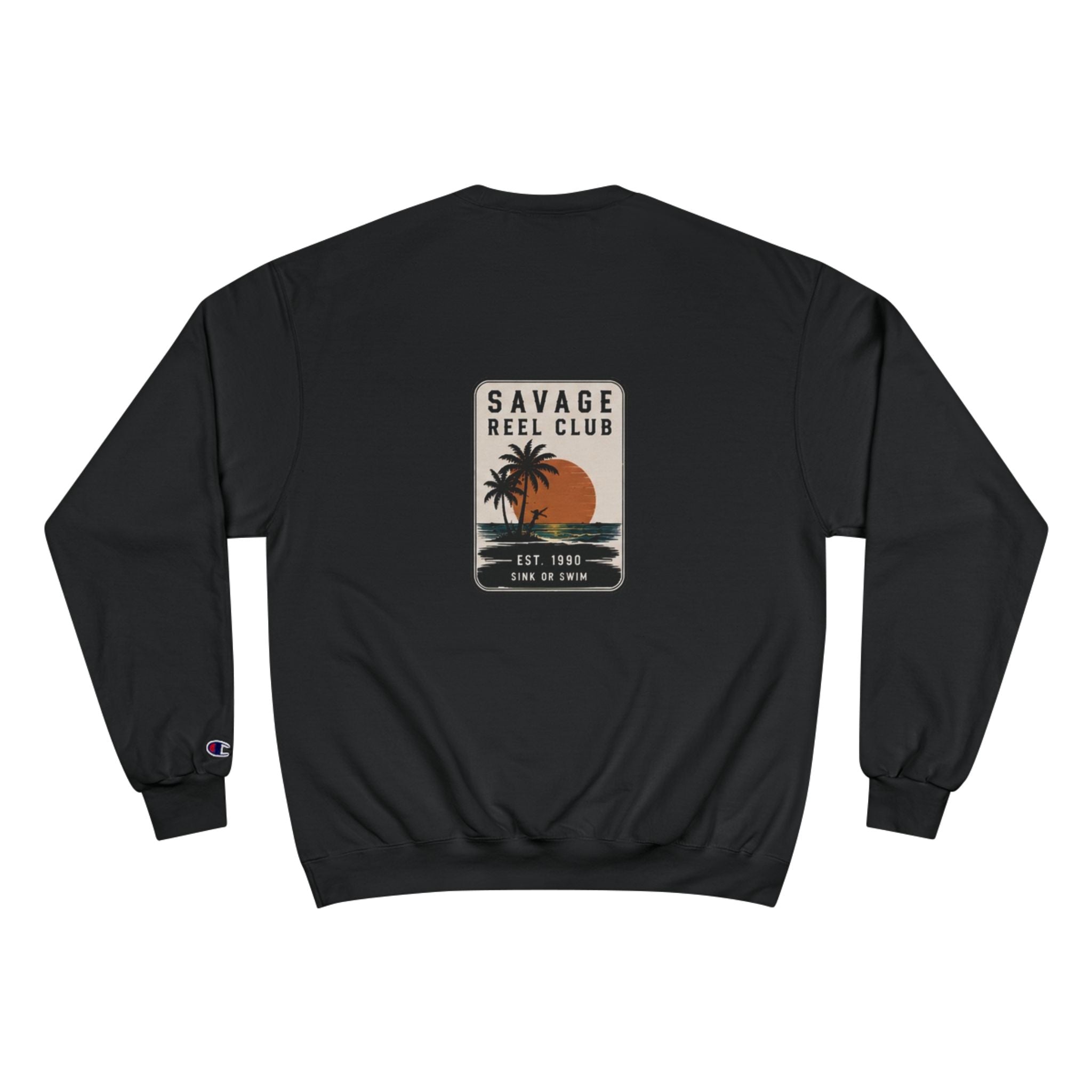Vintage Savage Reel Club fishing sweatshirt with retro palm sunset design, champion branded crewneck, soft and comfortable printify hoodie