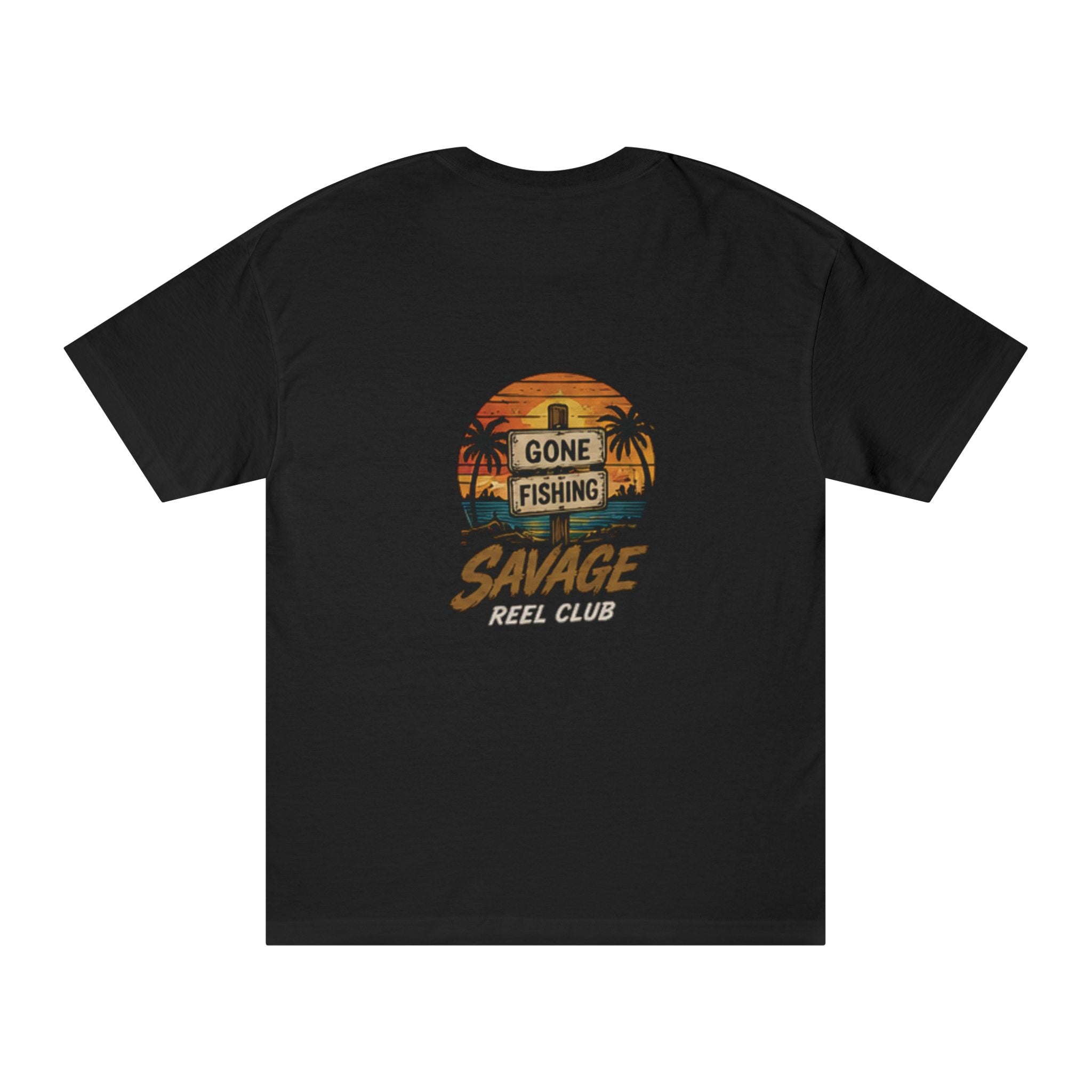 Gone Fishing Savage Reel Club T-Shirt by Printify featuring a casual design with fishing-themed graphics on soft fabric.