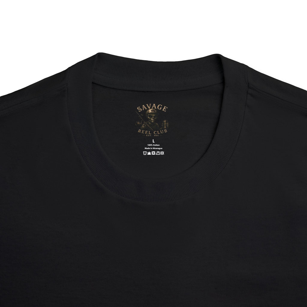 Men's fishing T-shirt by Printify featuring "Savage Reel Club: In Fish We Trust" design with Benjamin Franklin graphic.