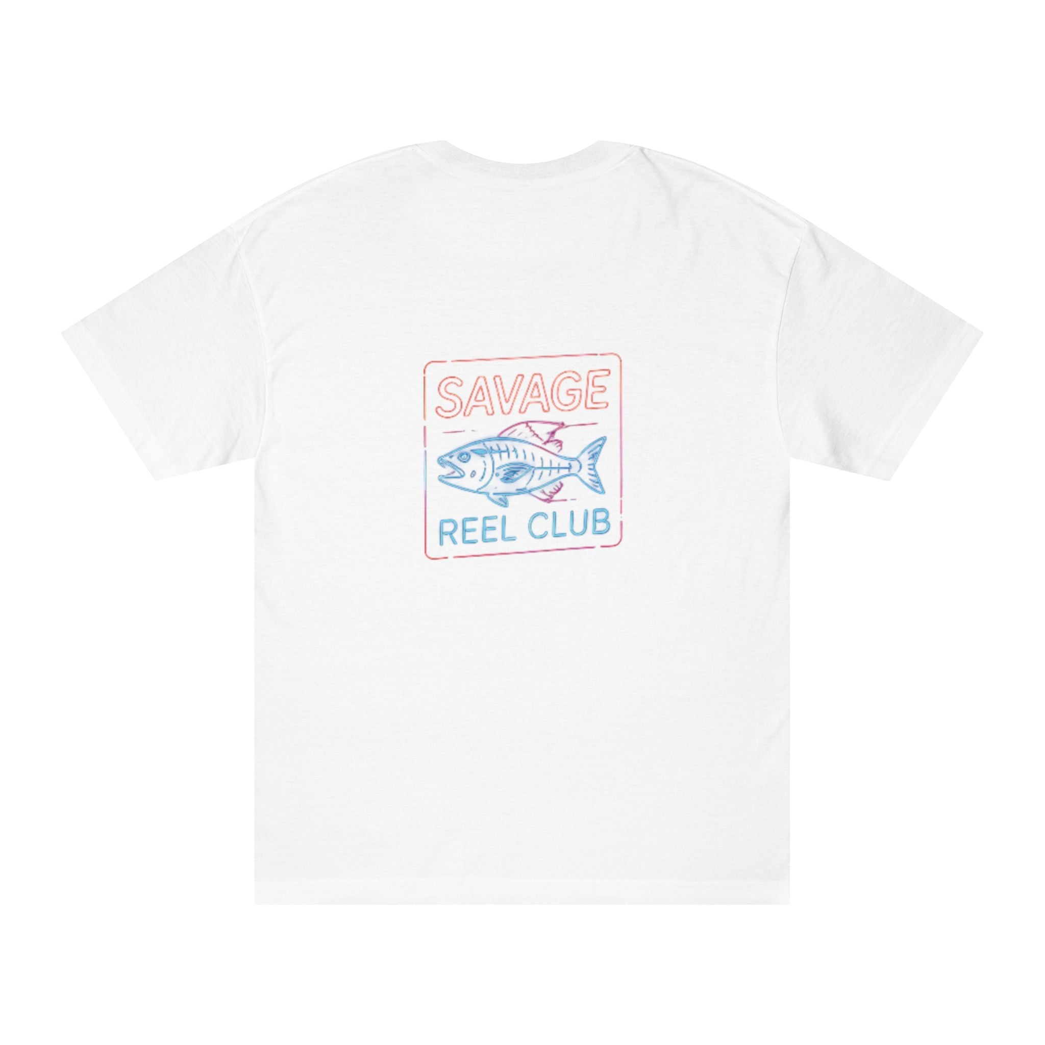 Printify Savage Reel Club fishing T-shirt with retro fish graphic, casual men's short sleeve tee for fishing enthusiasts.