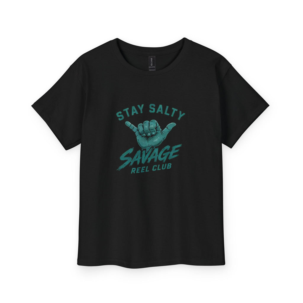 Kids youth "Stay Salty" Savage Reel Club fishing T-shirt in white, featuring a colorful fishing-themed graphic.