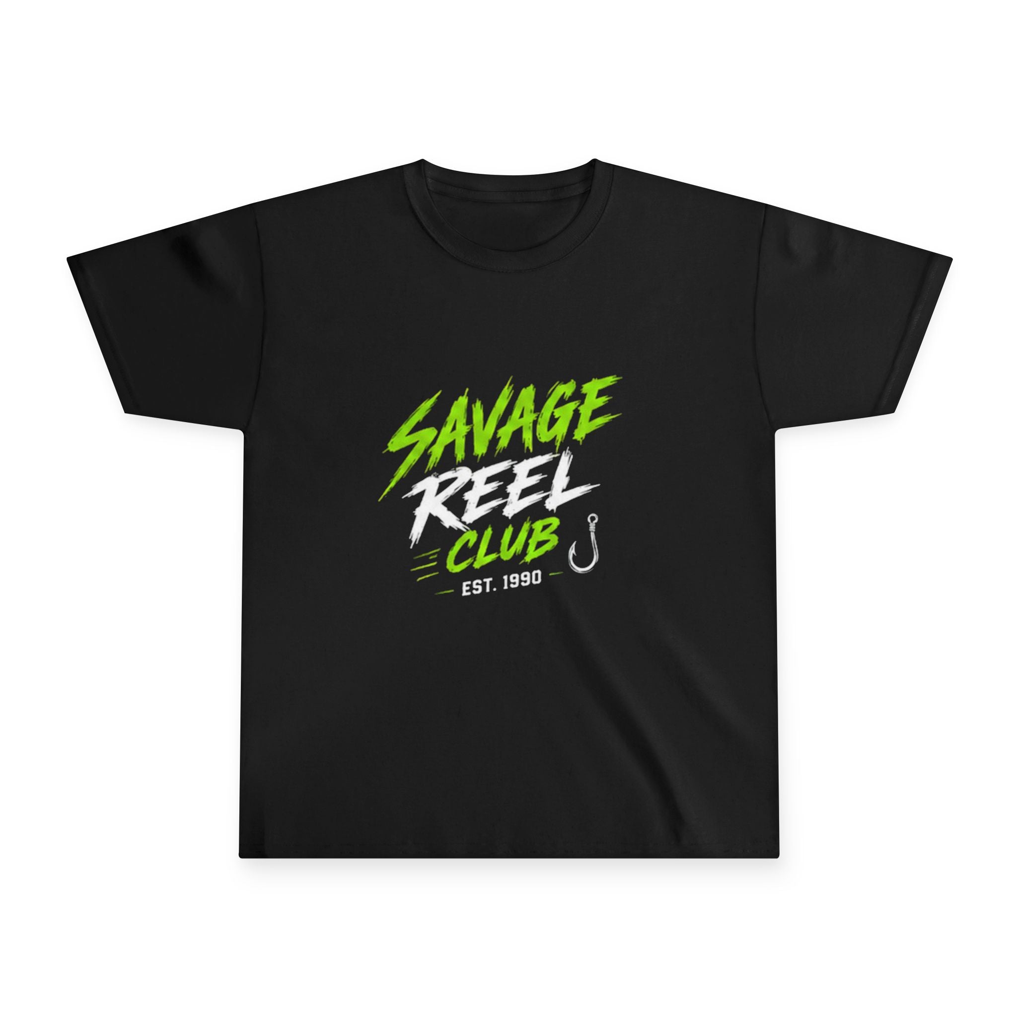 Kids' Savage Reel Club Youth fishing T-shirt by Printify, featuring a casual design with fishing-themed graphics on soft fabric.
